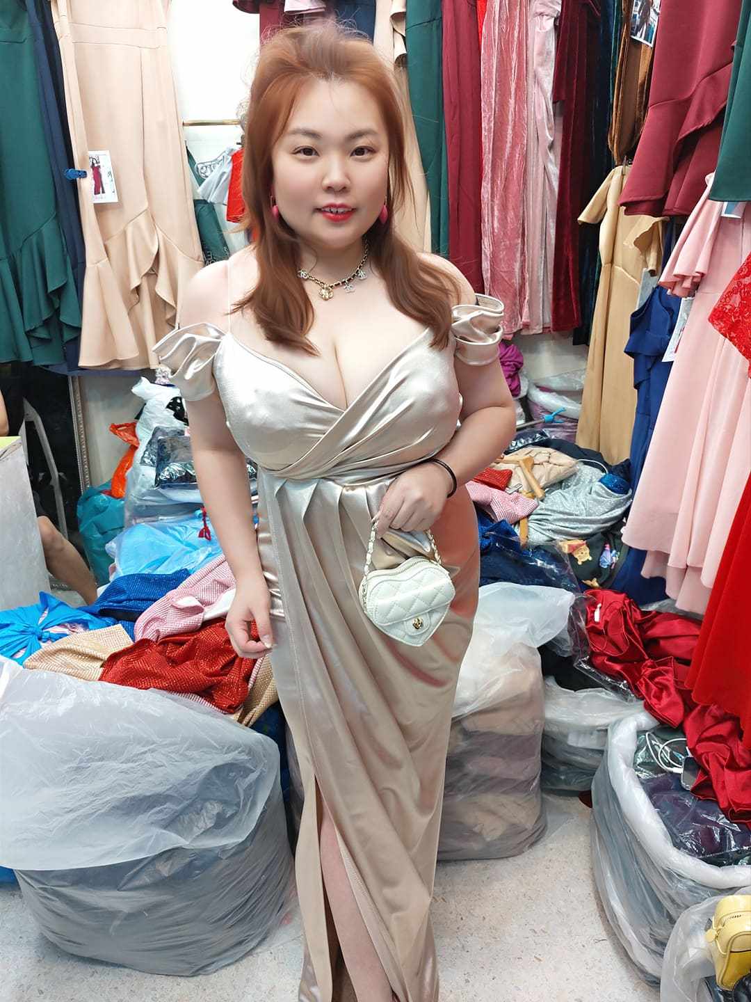 AA06/AA0006 💥新品💥亮面褶皱细吊带开叉修身长礼服