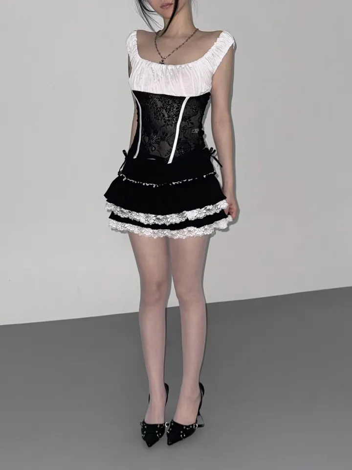 Ruched Sheer Lace Panel Corset Top