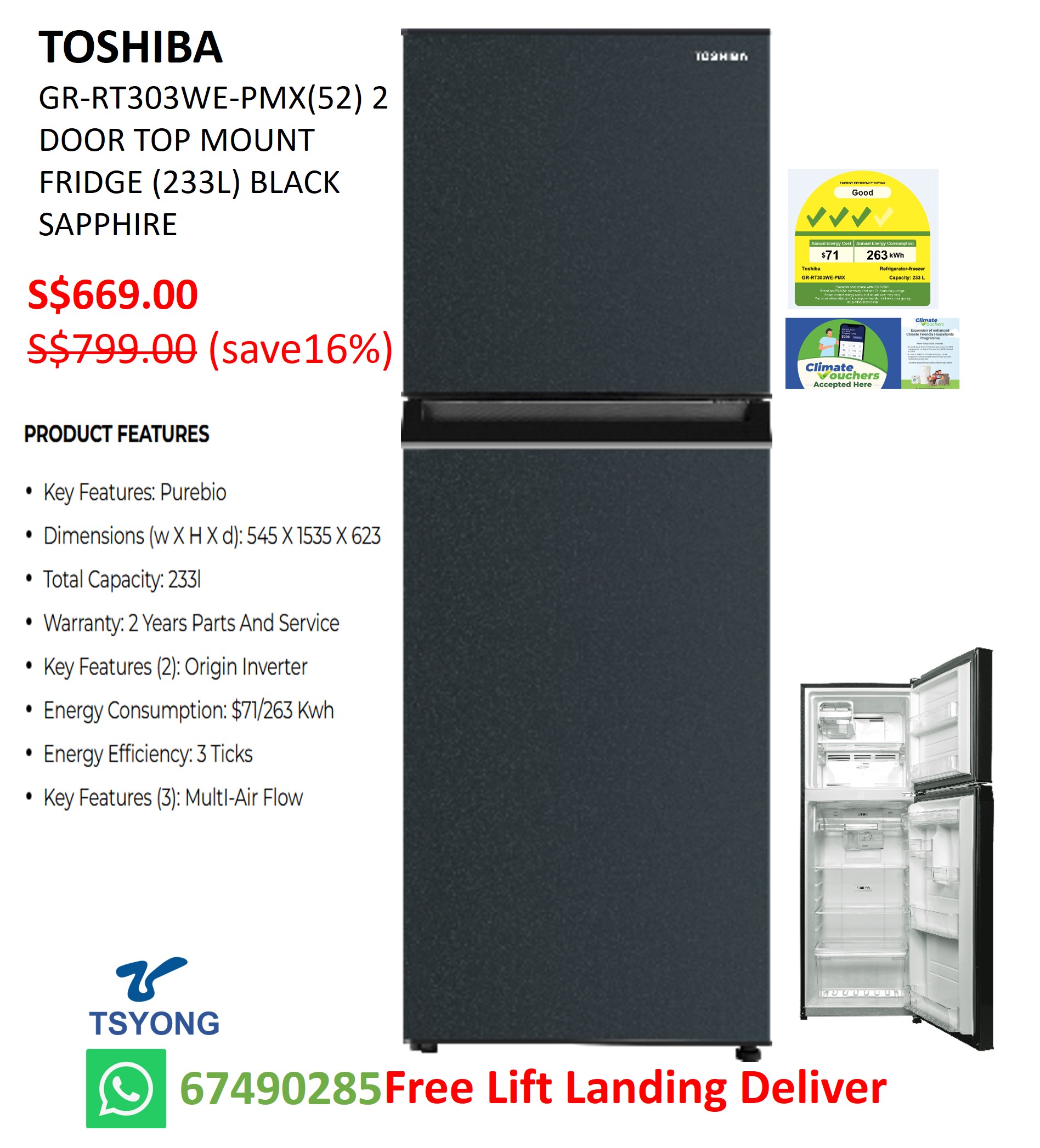 GR-RT303WE-PMX(52) TOSHIBA 233L TOP MOUNTED FREEZER