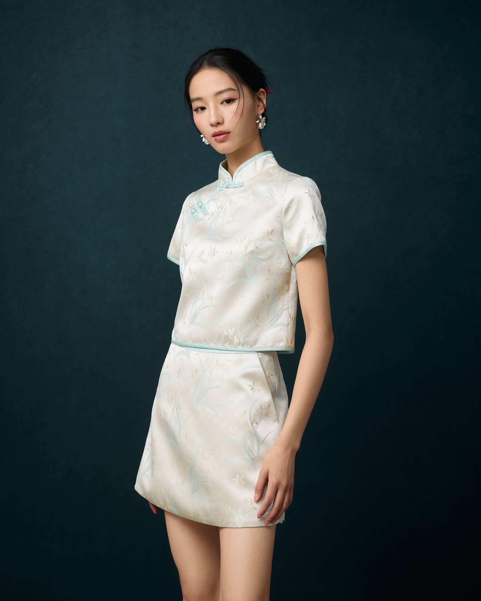 薄荷青套装裤裙 P0097