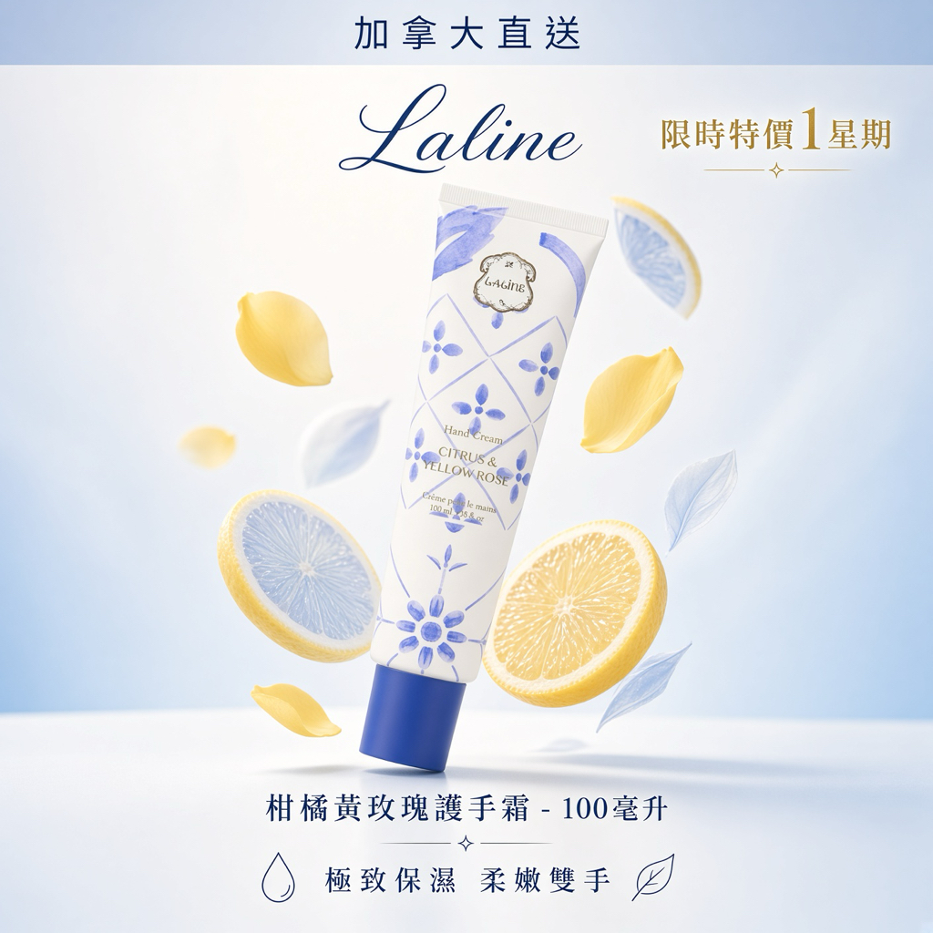 加拿大直送 Laline 限時特價1星期  柑橘黃玫瑰護手霜 - 100毫升 