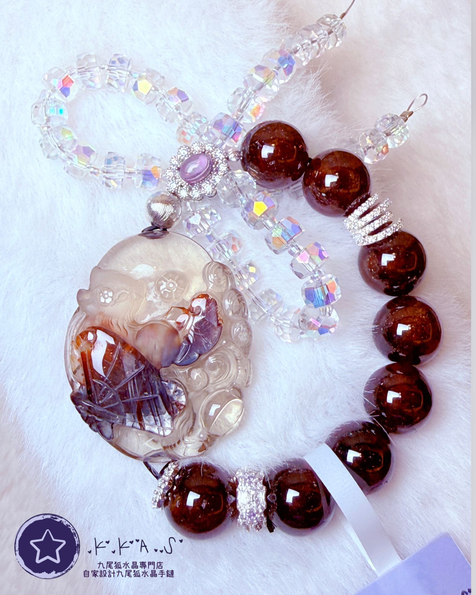 K00099 紅膠花 扇子九尾狐 自家設計手鏈