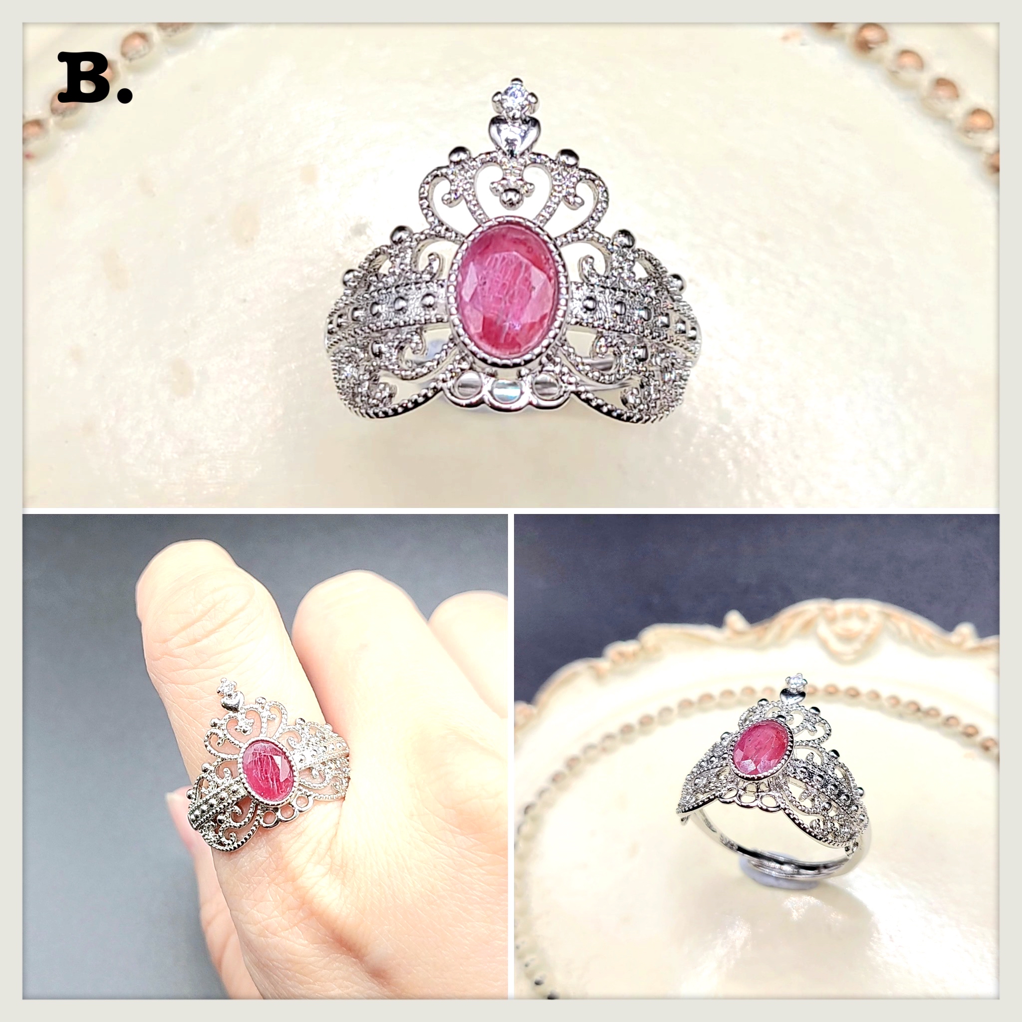 天然紅藍綠寶石銅鍍白金戒指