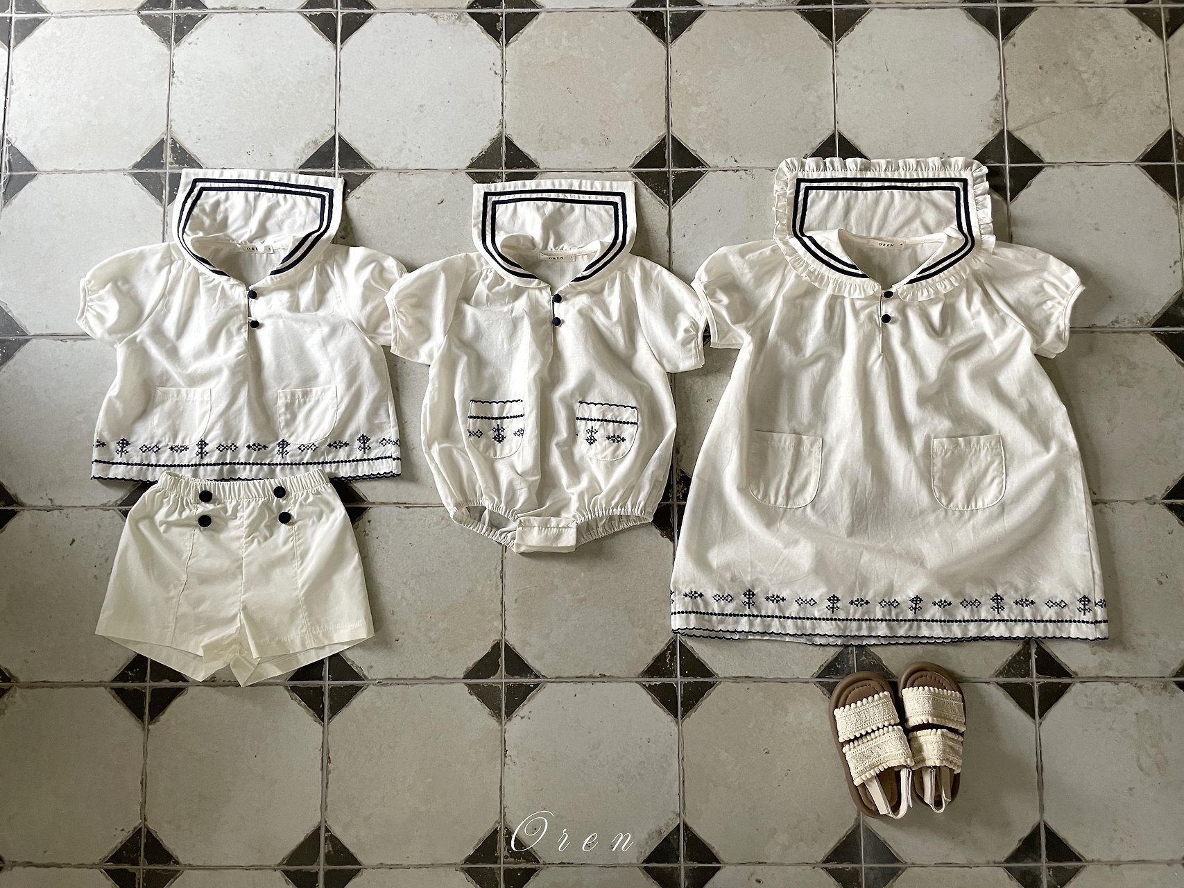 ☀️預訂 韓國直送☀️🇰🇷Oren Marinette兩色海洋風水手領刺繡短袖包屁衣/連身裙/上下套裝