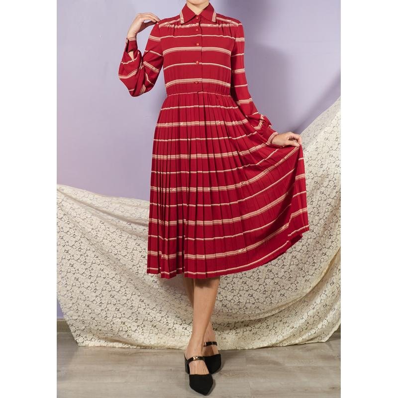 Vintage Japanese Linear Pattern Red Shirtdress Pleated Day Dress(MT1608-104)