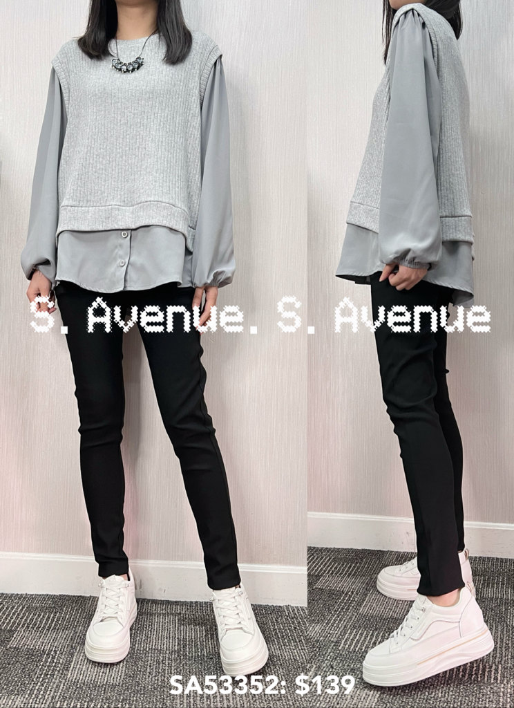 SA53352: 長袖袖雪紡衫身針織背心假兩件top