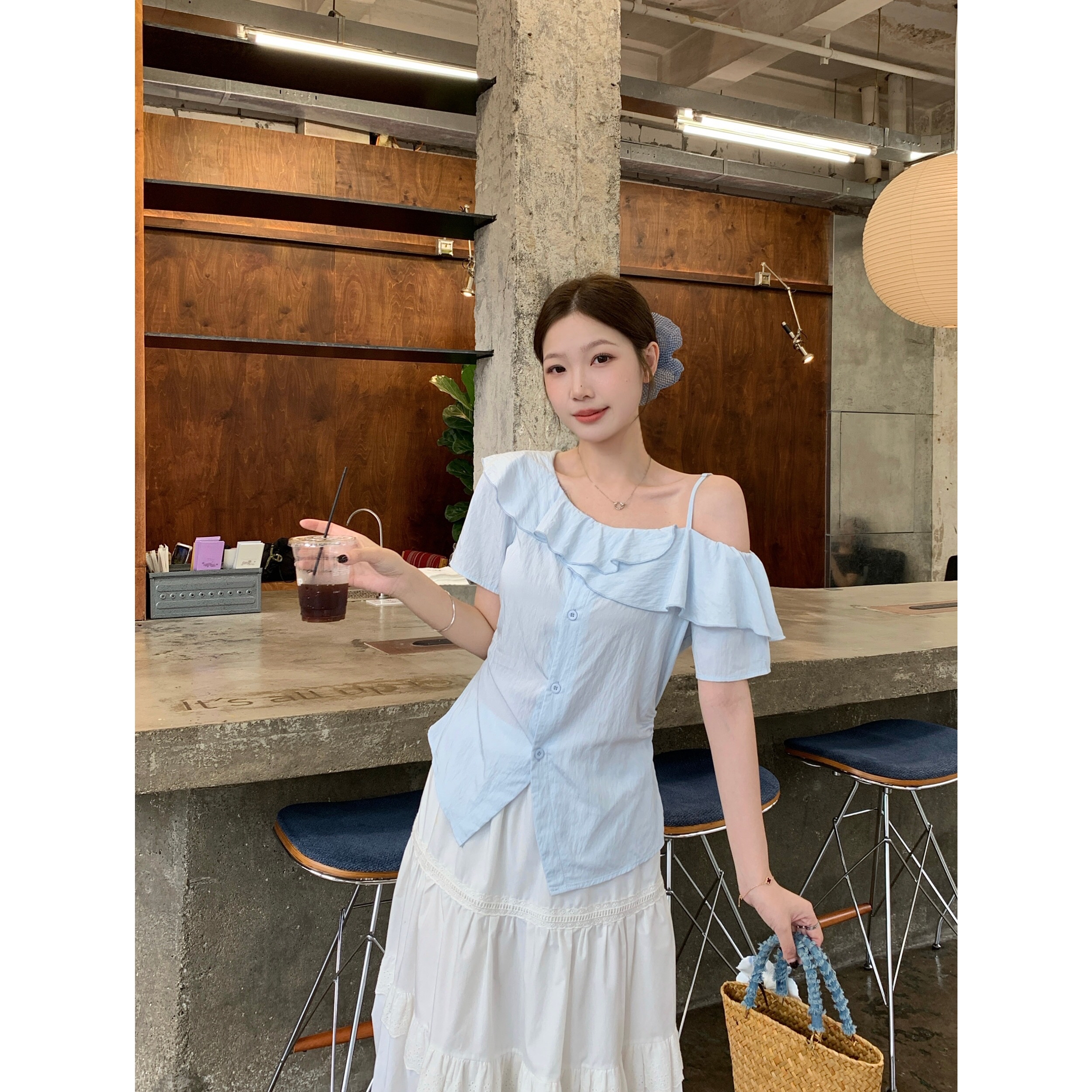 B211(80908) 韩系气质斜领单边吊带交叉荷叶边黄蓝衬衫上衣