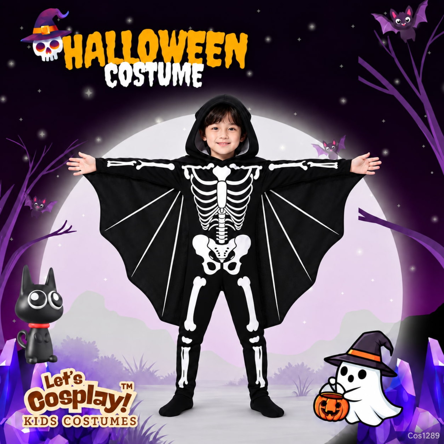 兒童骷髏蝙蝠翼萬聖節角色扮演服 Skeleton Bat Kids Costume 110–150碼 Lets Cosplay COS1289