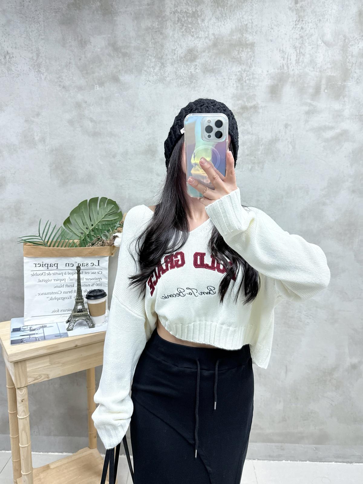 H03 V領刺繡針織Top