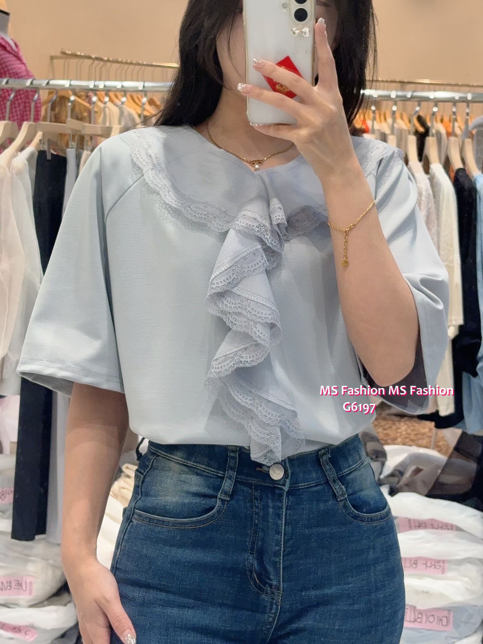 G6197 韓國🇰🇷V領lace邊ruffle top