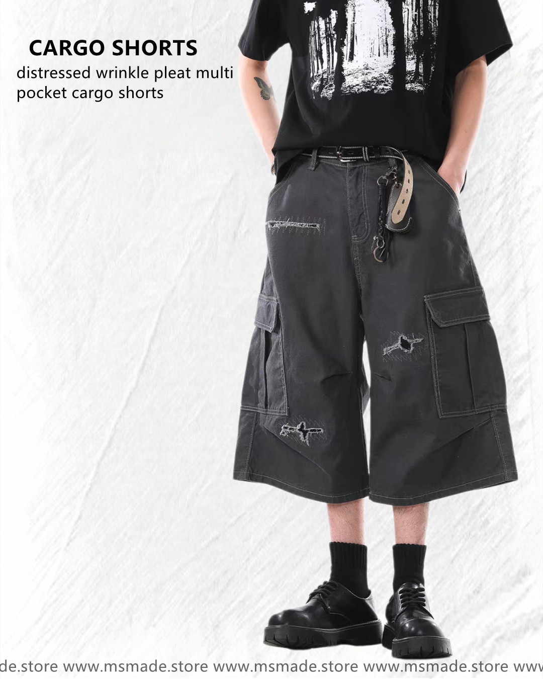 M312破洞皺褶多袋工裝短褲