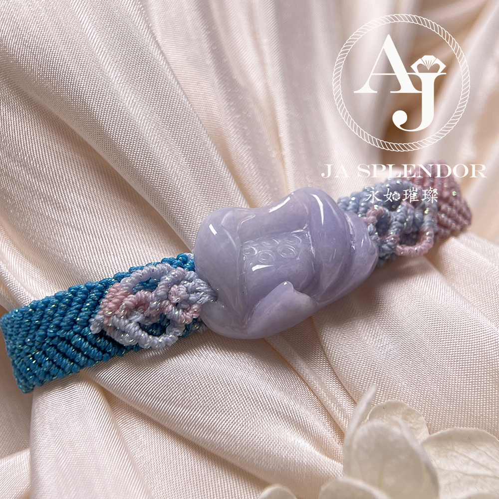 JN-3532 天然翡翠A玉- 春彩濃紫蓮花清心安神蠟繩編織手帶