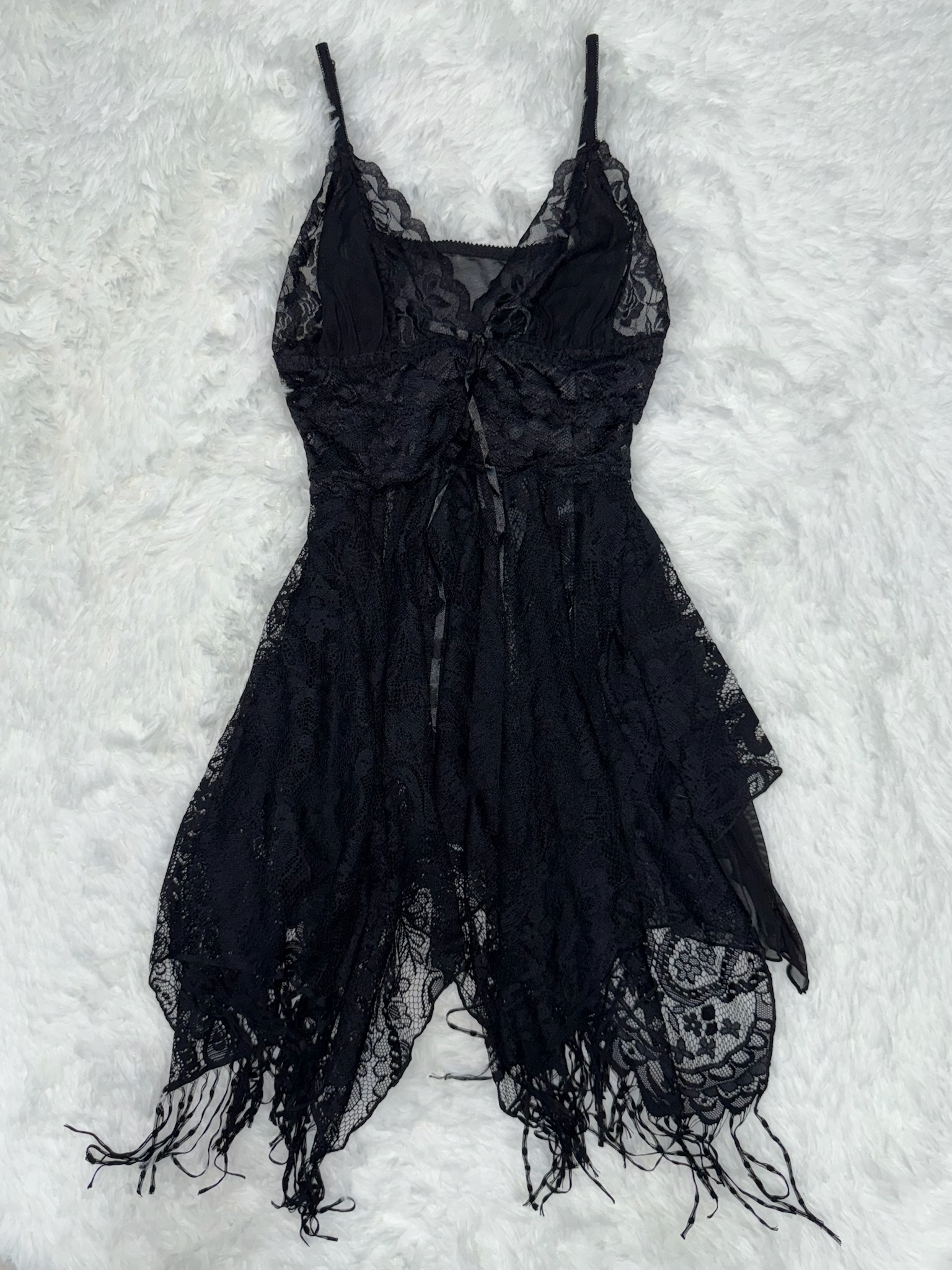 Sheer Black Lace Ghost Dress with Tiered Asymmetric Hem and Ribbon Detail