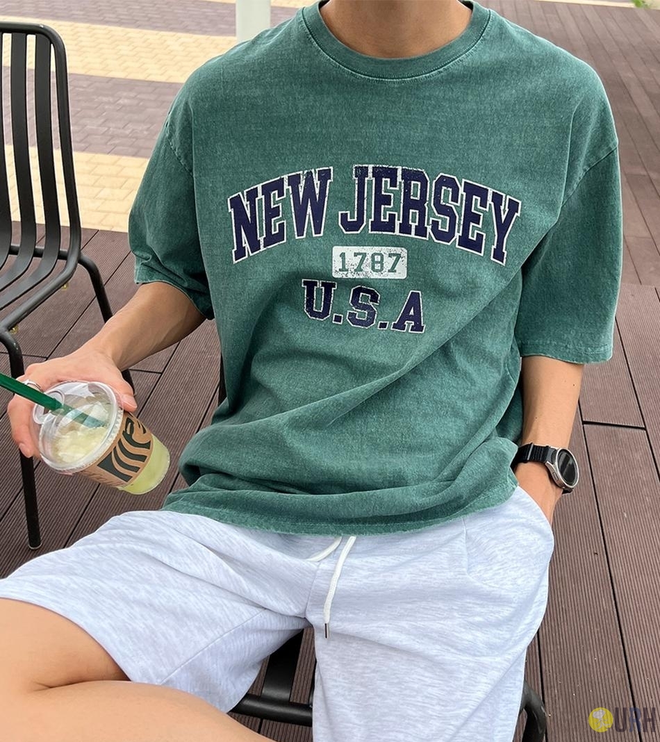 【100%保證韓國直送】New Jersey 美式復古裂紋字母印花 Pigment 古洗寬鬆落肩短袖Tee 👕 [4 color] RG165924