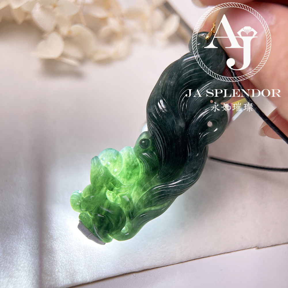 JNK-137 天然翡翠A玉 老藍水18K福壽雙全九尾狐吊墜 (法師加持)