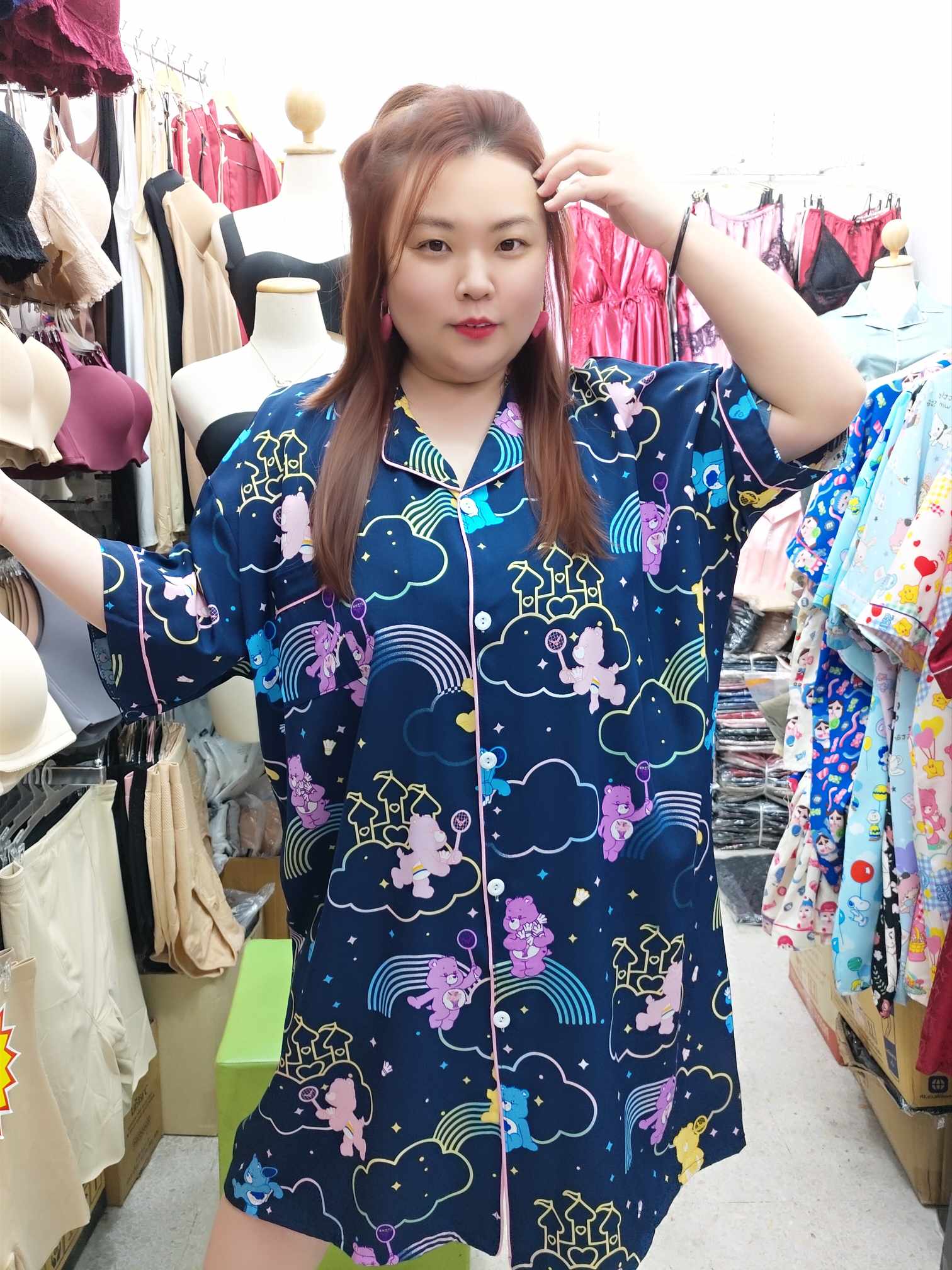 ENE18 卡通柔软滑布睡裙套装