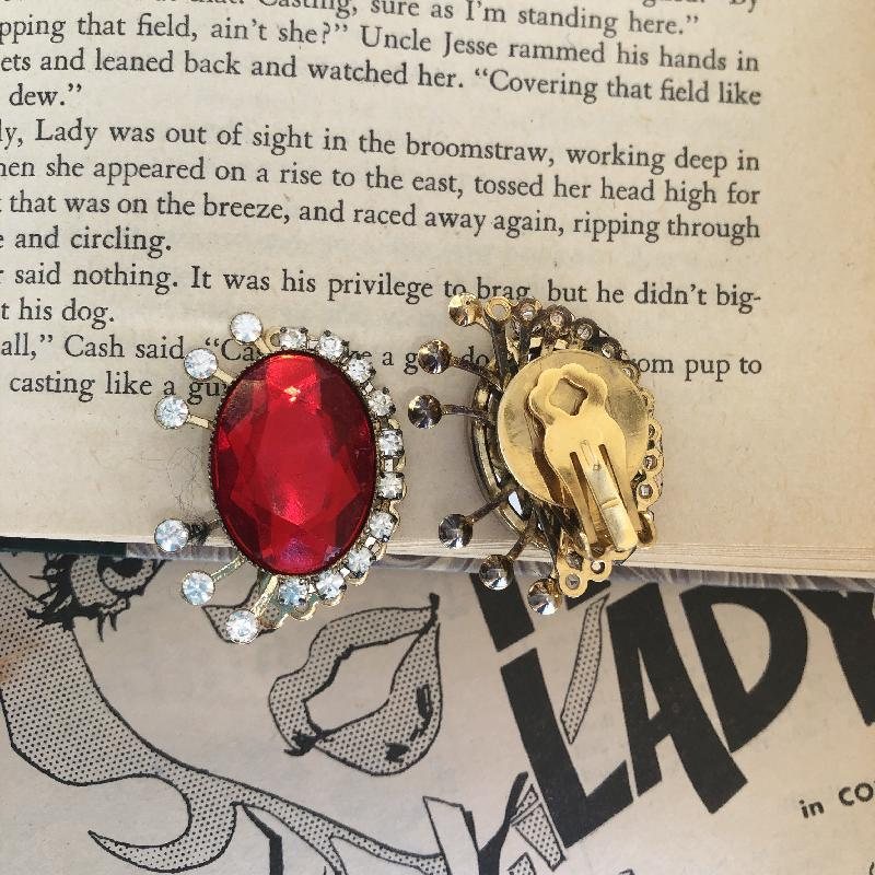 1980s Canadian Designer KIEN Ruby Red Modernist Statement Clip Earrings(MT1326-2)
