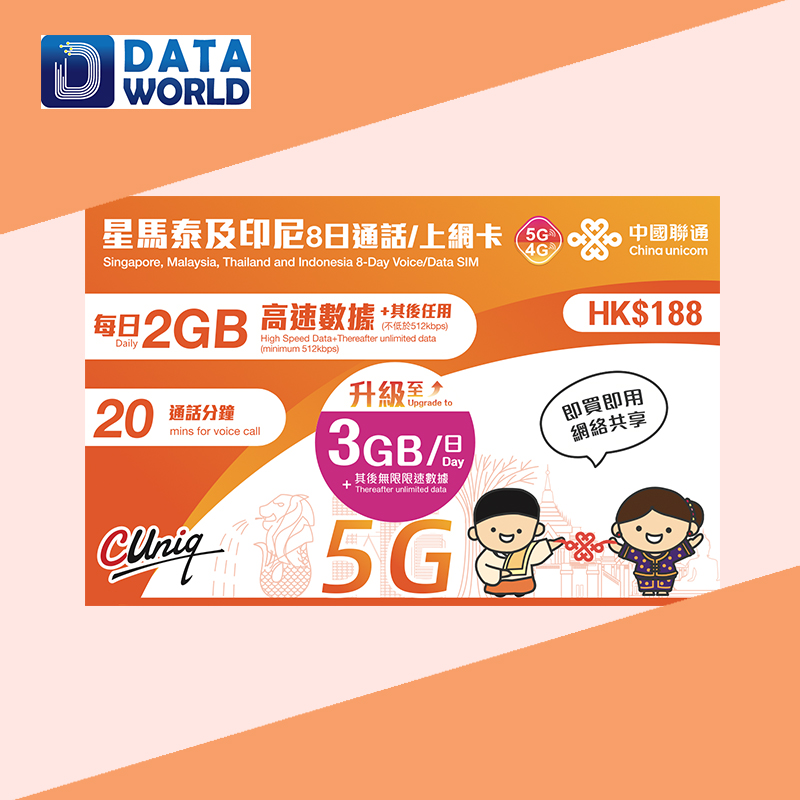 中國聯通 5G/4G $188 星馬泰及印尼8日無限上網+20分鐘通話
