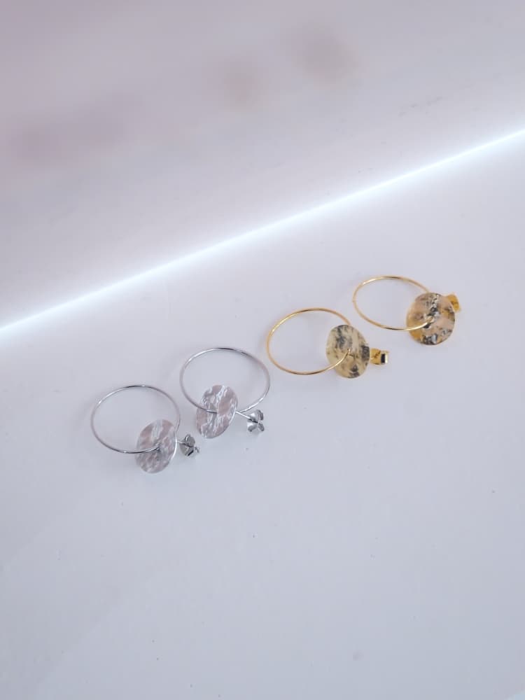 Hammered Disc Hoop Stud Earrings