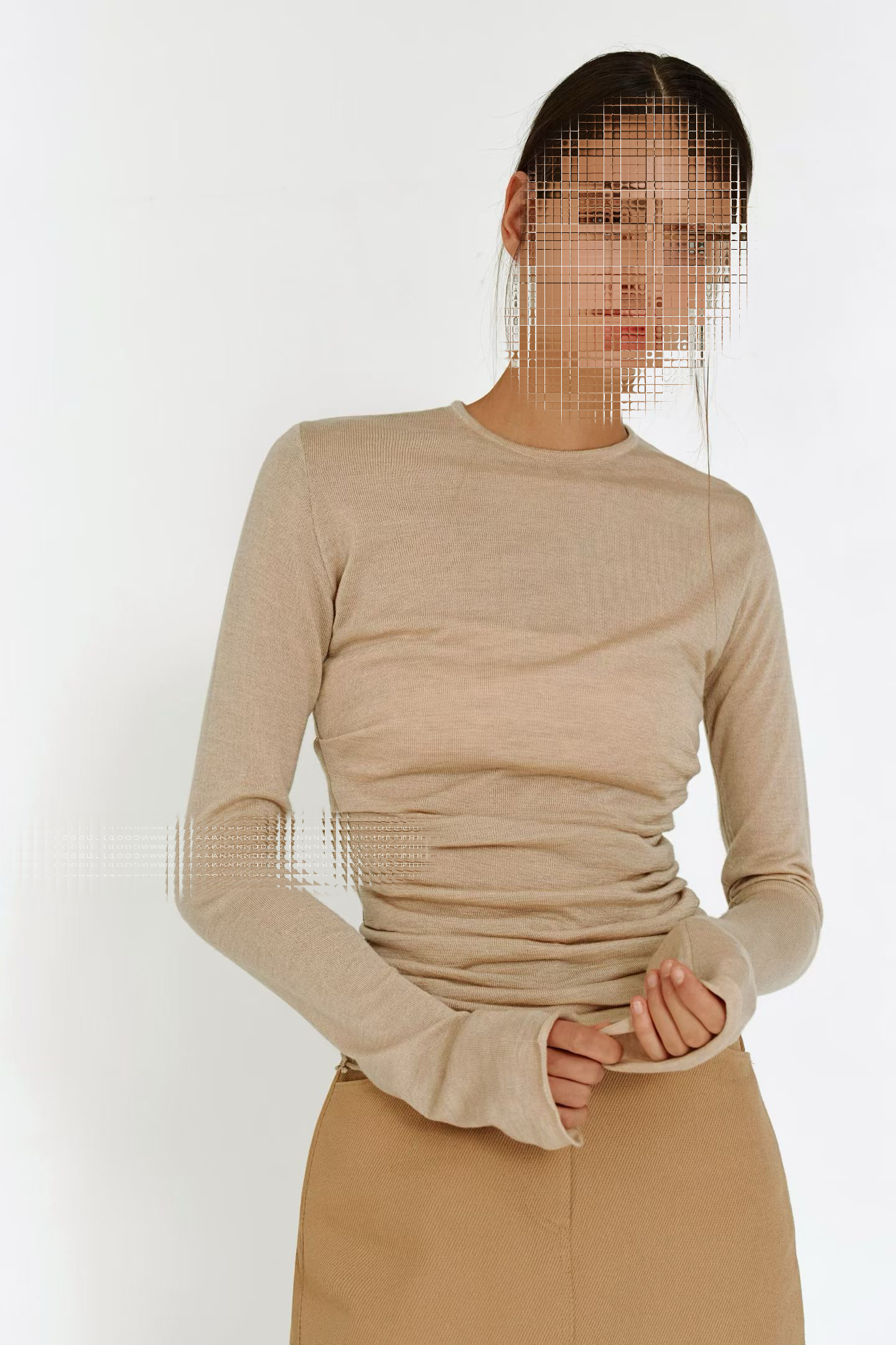 Shirred slim tee (Beige)