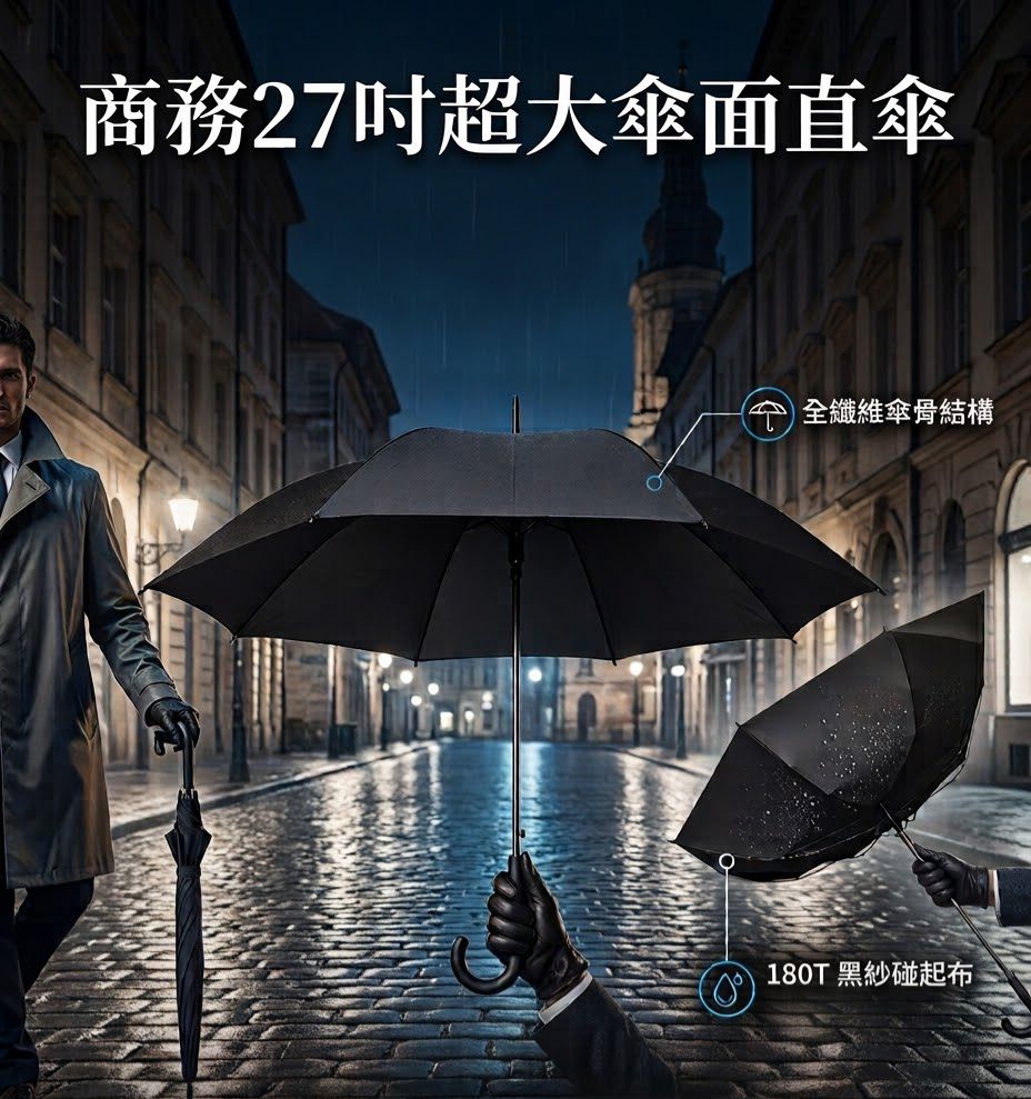 【商務防風】黑色27吋 防風自動開耐用長柄雨傘 