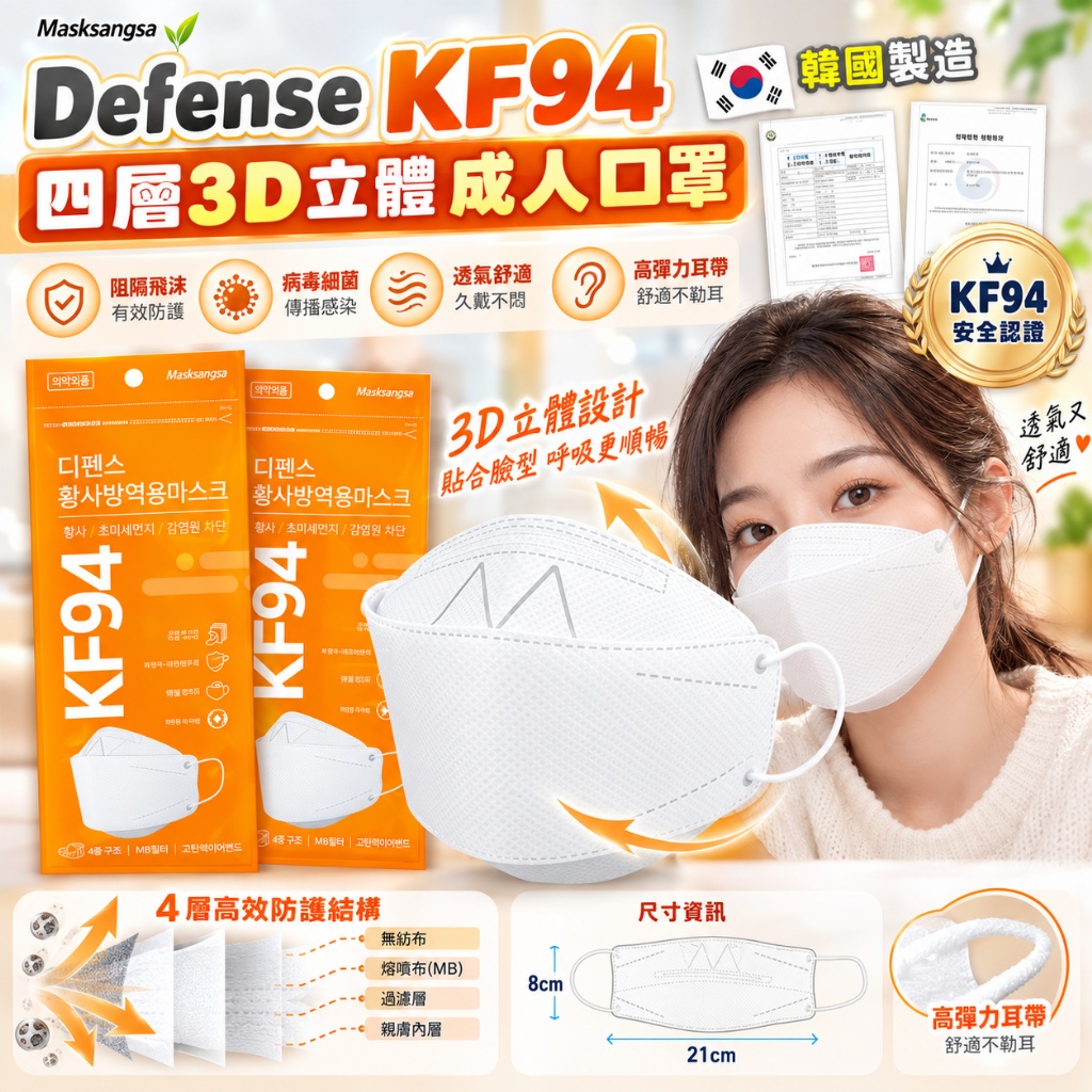 韓國 Defense KF94 四層3D立體白色成人口罩(1箱100個)-橘包裝 《售完即止，落單後2-3星期出貨》