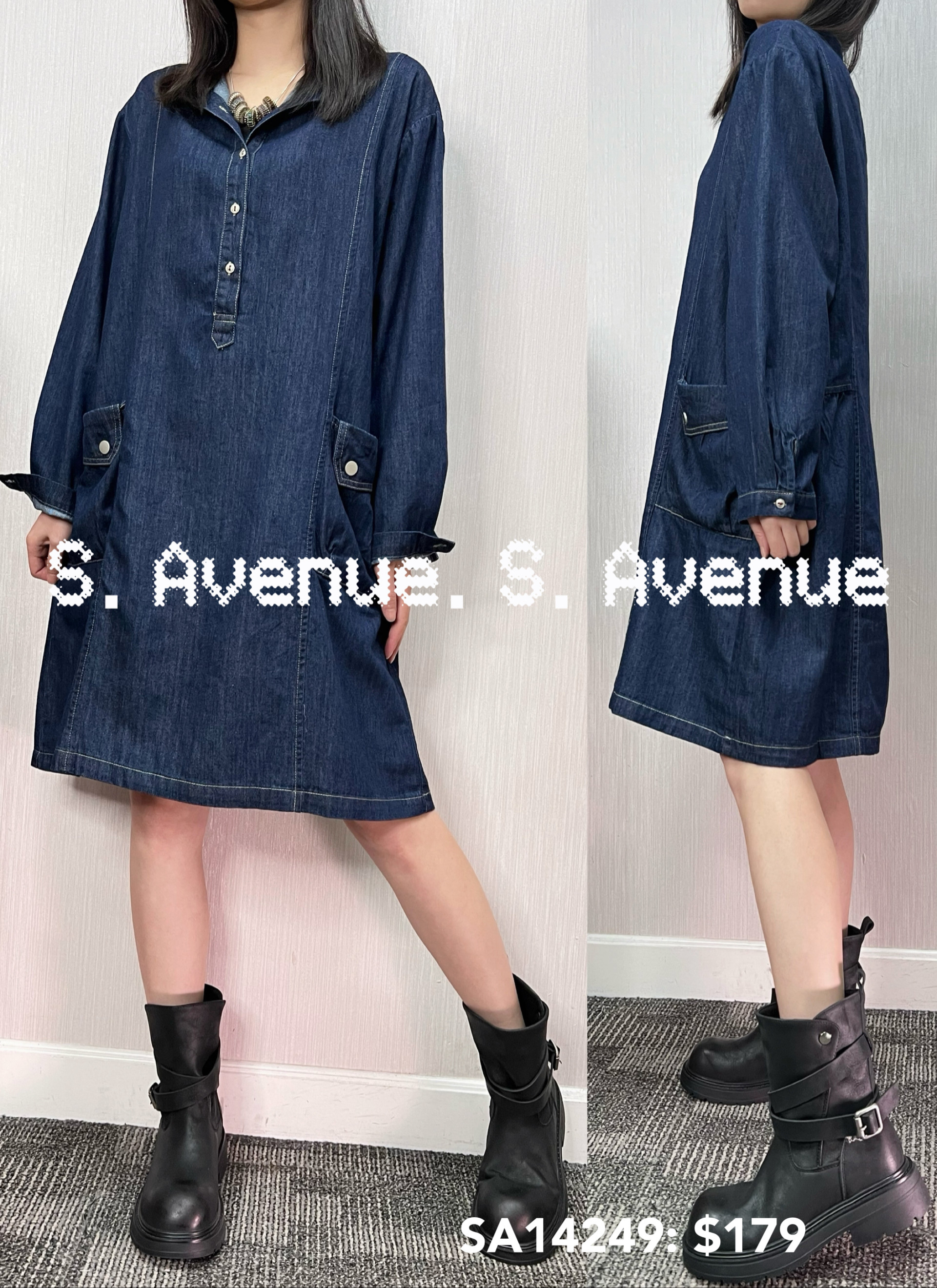 SA14249: 長袖雙袋直身牛仔op