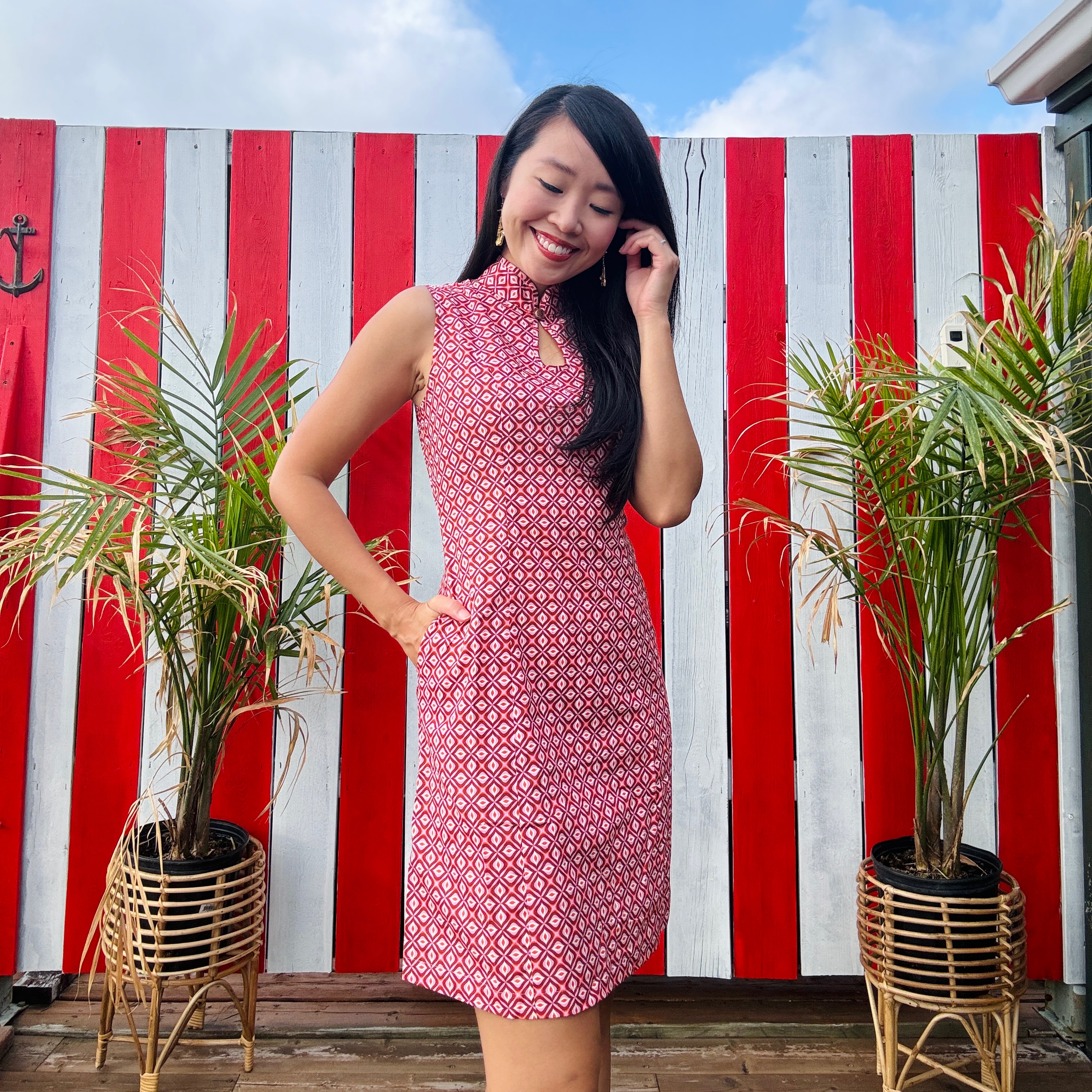 (Ready-made)100% Organic Cotton 60s Style Red Violet Vintage Pattern Mandarin Collar Shift Dress(FM166)