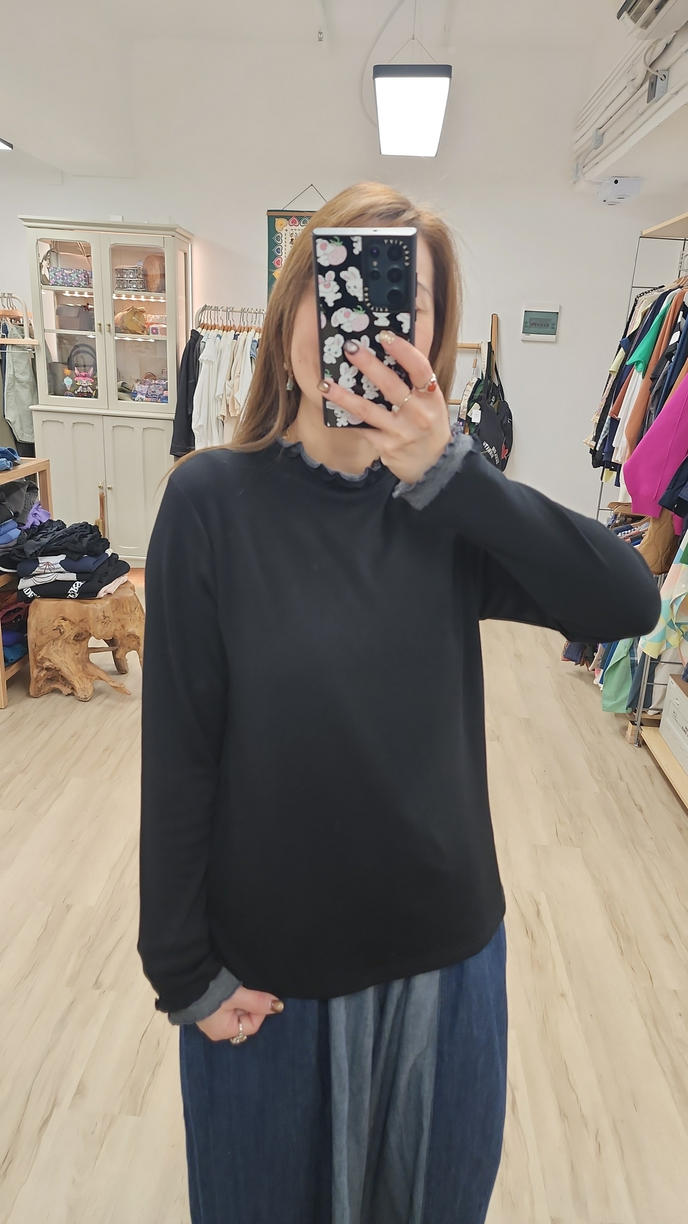 韓國黑拼炭灰木耳邊薄絨底棉襯衫