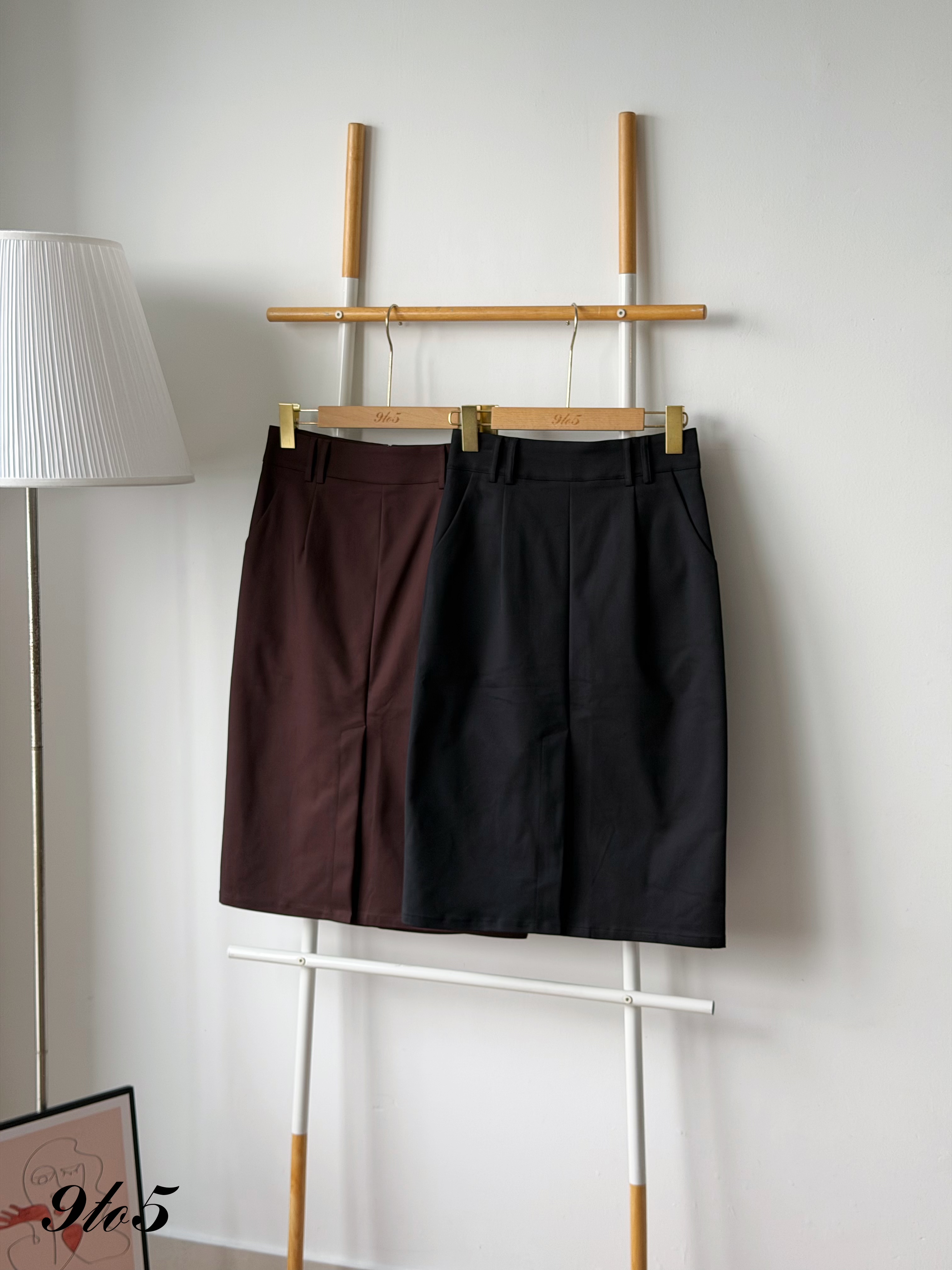 S2039 Front Slit Midi Pencil Skirt - Black & Brown