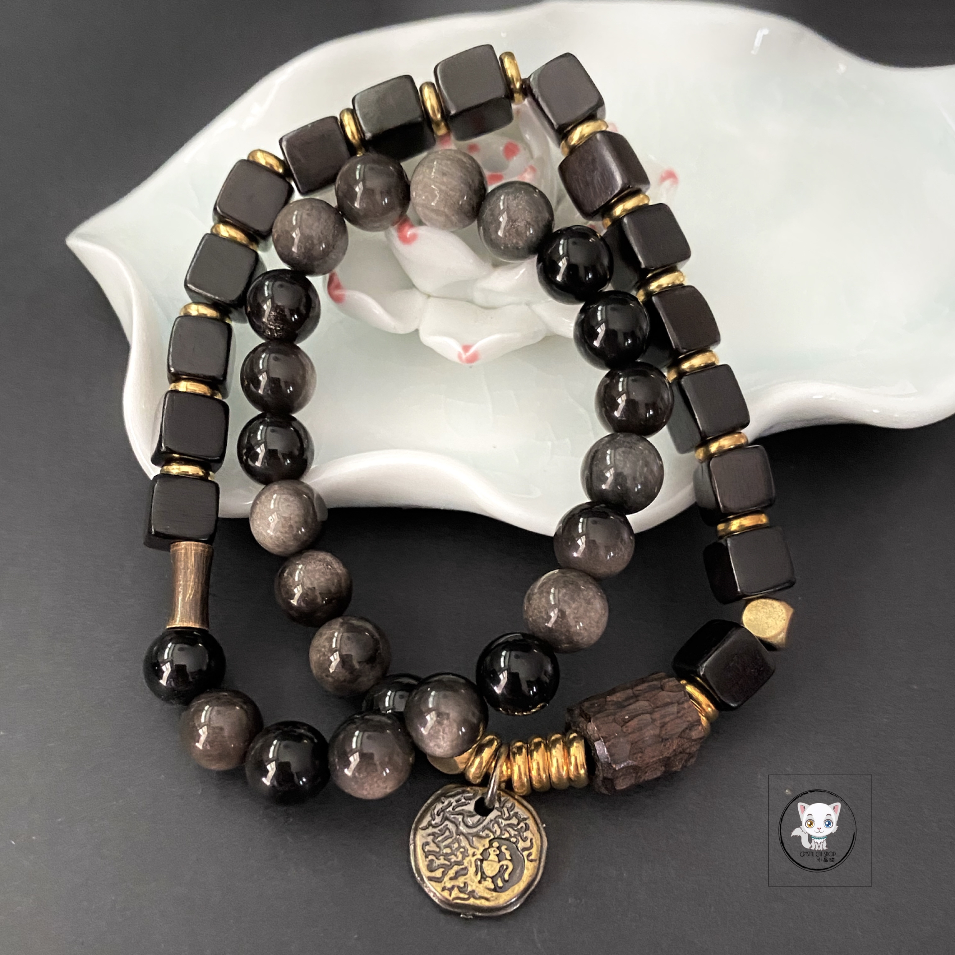 銀曜石黑檀木兩圈手鏈 8mm