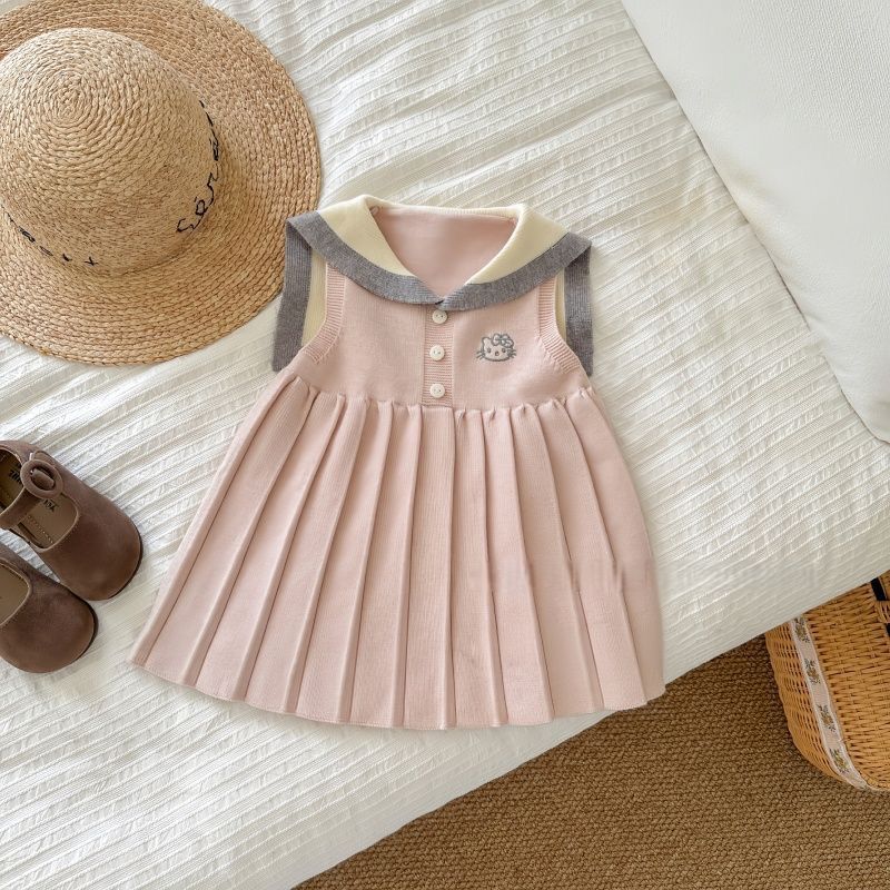 551936 | Adorable Sailor Collar Pleated Knit Dress for Baby Girls