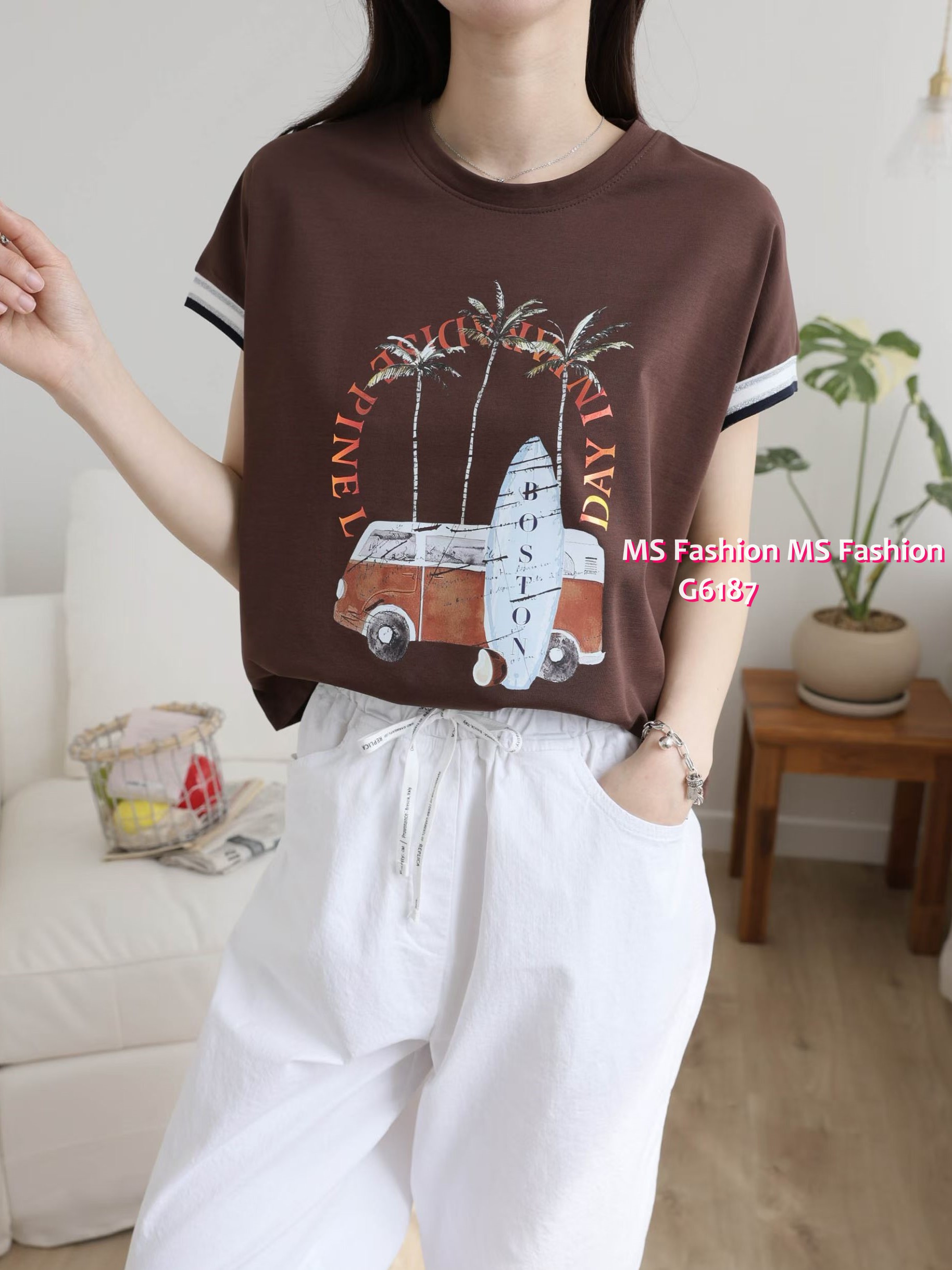 G6187 韓國🇰🇷靚print拼色袖top