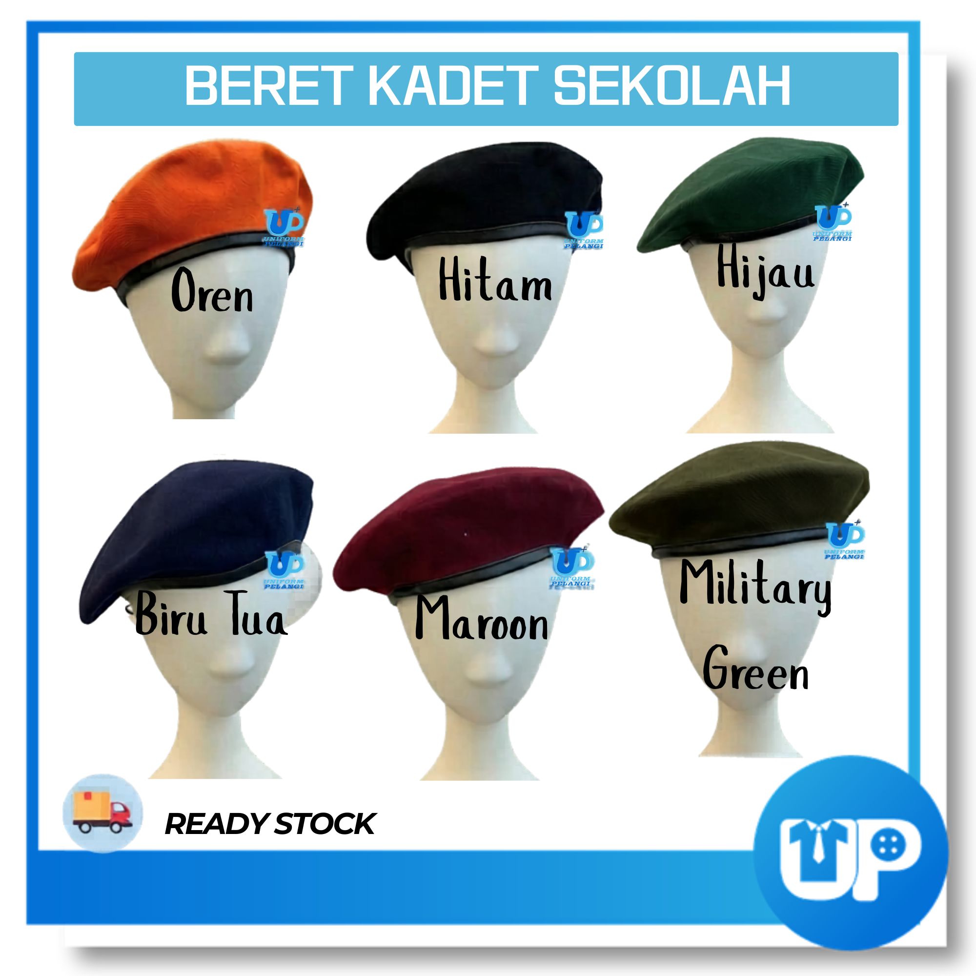 Beret Kosong Kadet Sekolah Kokurikulum Topi Sahaja Pengakap Bomba Kaspa BSMM KRS TKRS Hijau Oren Maroon Biru tua Hitam