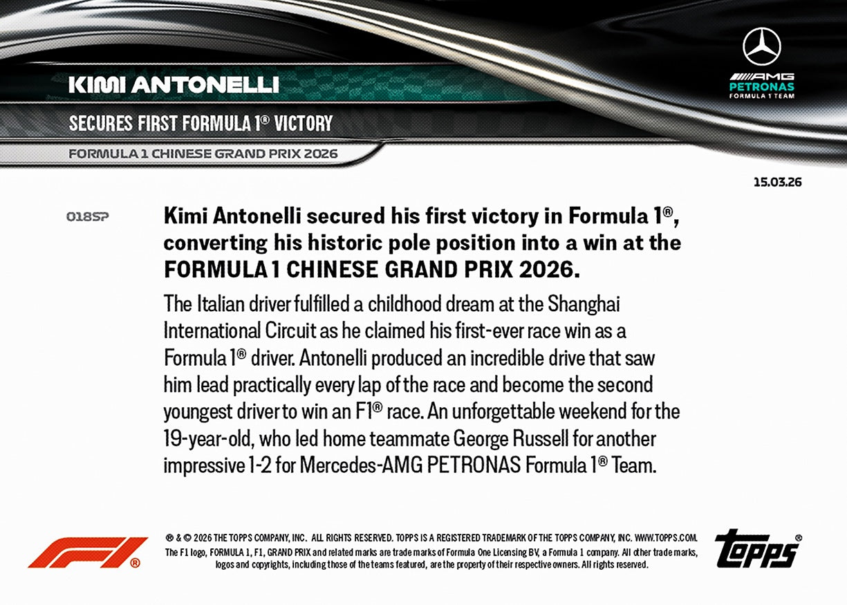 Kimi Antonelli - 2026 F1 Topps NOW® #18 Chinese GP 生涯首勝贏車卡｜PR 28,723