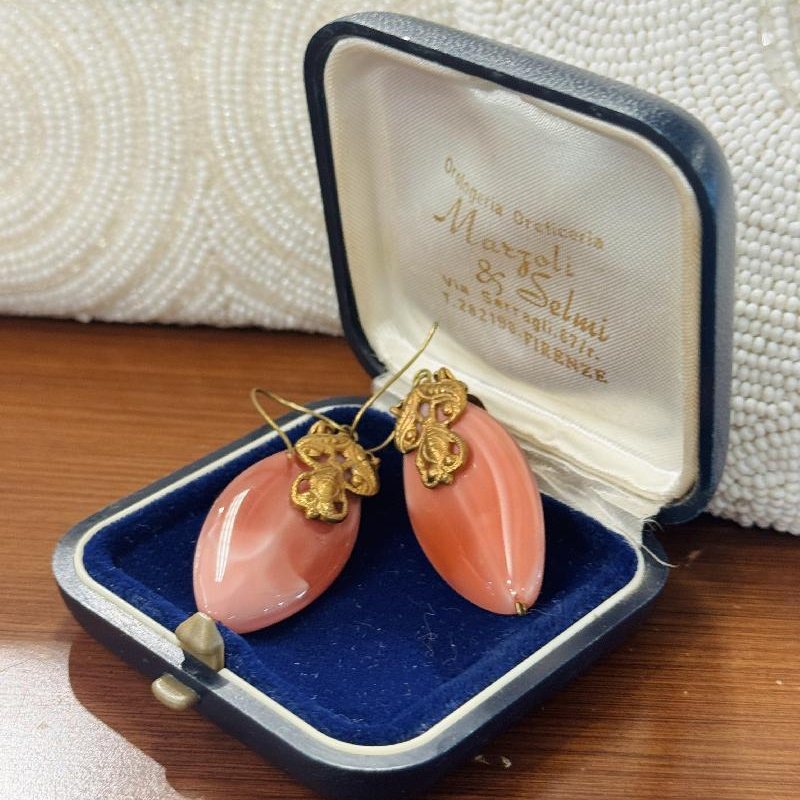 Recomposed - Antique Czechoslovakian Pink Glass and Antique Filigree Hook Earrings (codetbc)
