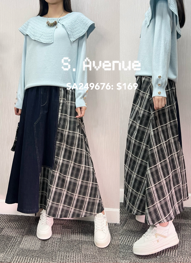 SA249676: 橡筋腰牛仔拼格仔長裙