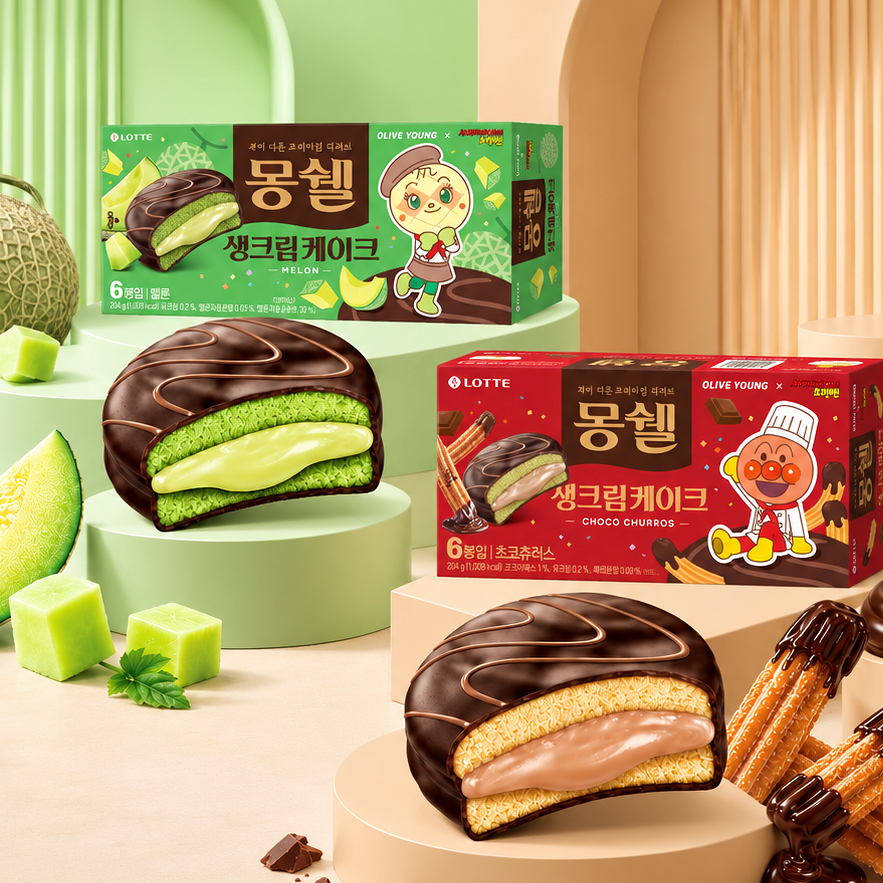 韓國 樂天 Lotte X 麵包超人 朱古力 / 哈密瓜 Mon Cher 奶油派 204g