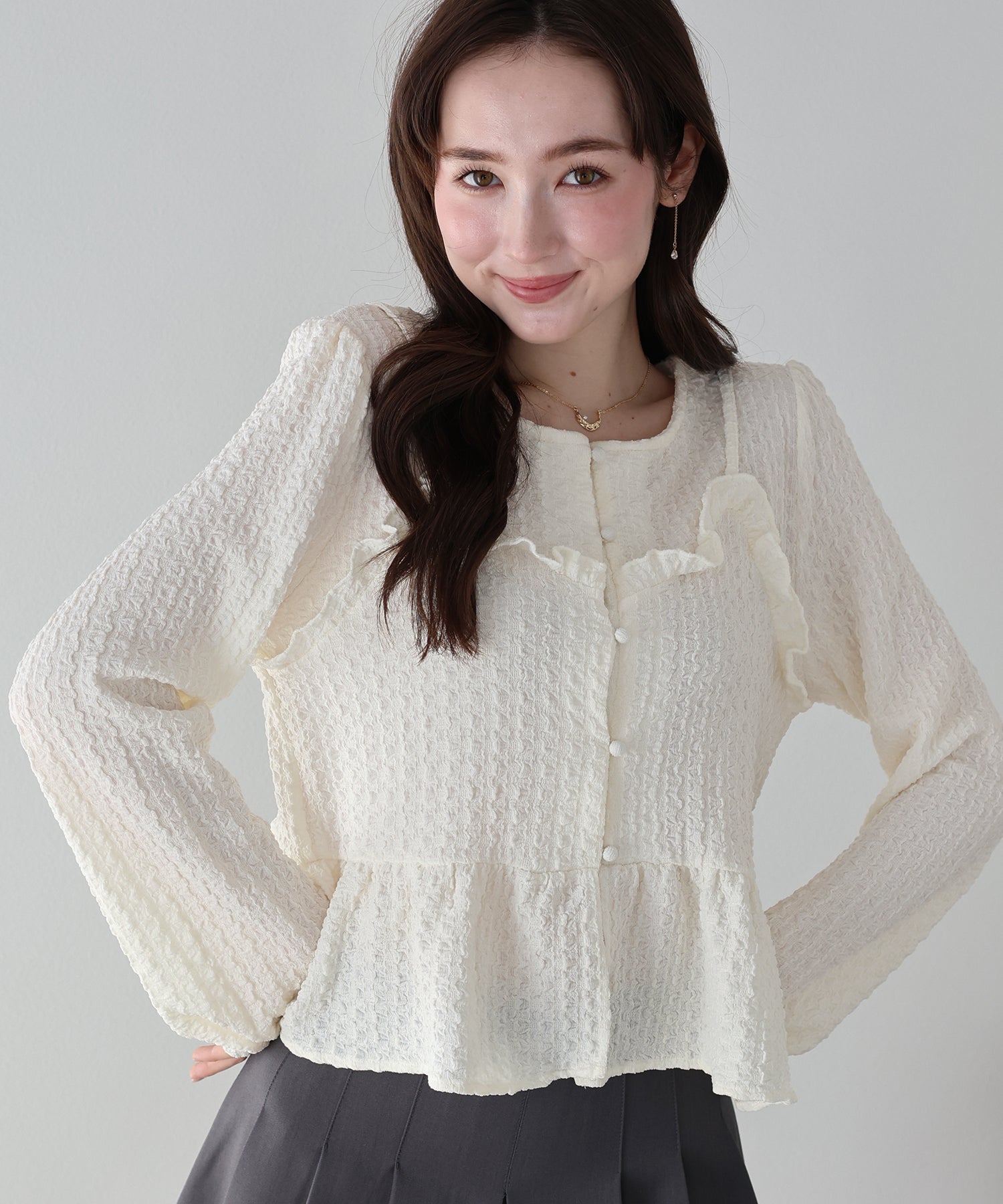 <JP> Pokopoko Textured Ruffles Top (假兩件) * 3色入 <預購>