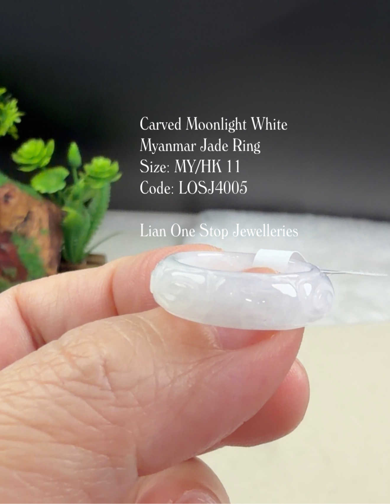 Size 11 Code: LOSJ4005 Carved Moonlight White Myanmar Jade Ring