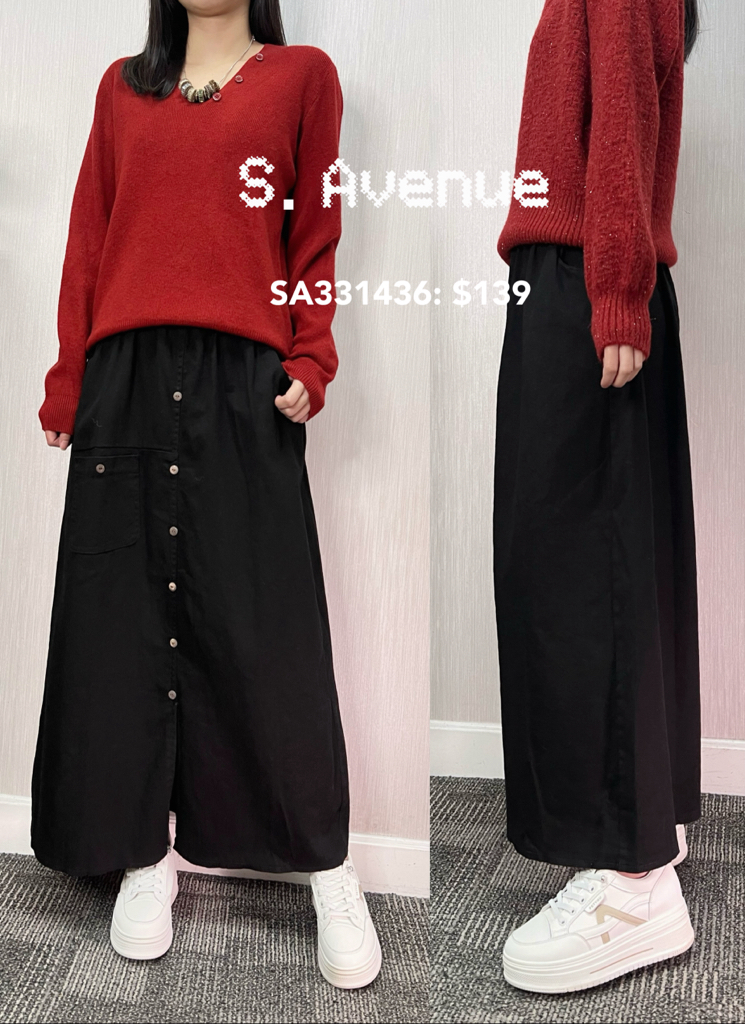 SA331436: 橡筋腰前有鈕側方袋長裙