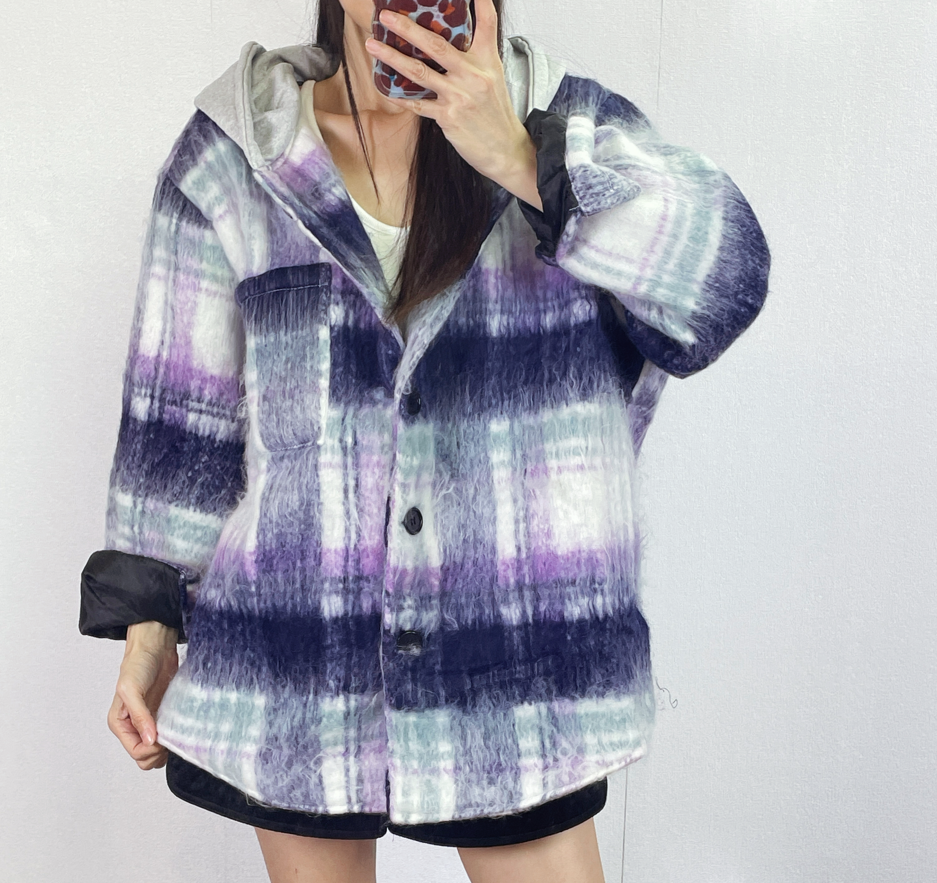 K5529 毛絨格仔有帽外套