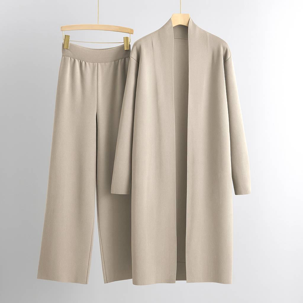 Long Knitted Open Front Cardigan and Sleek Pants