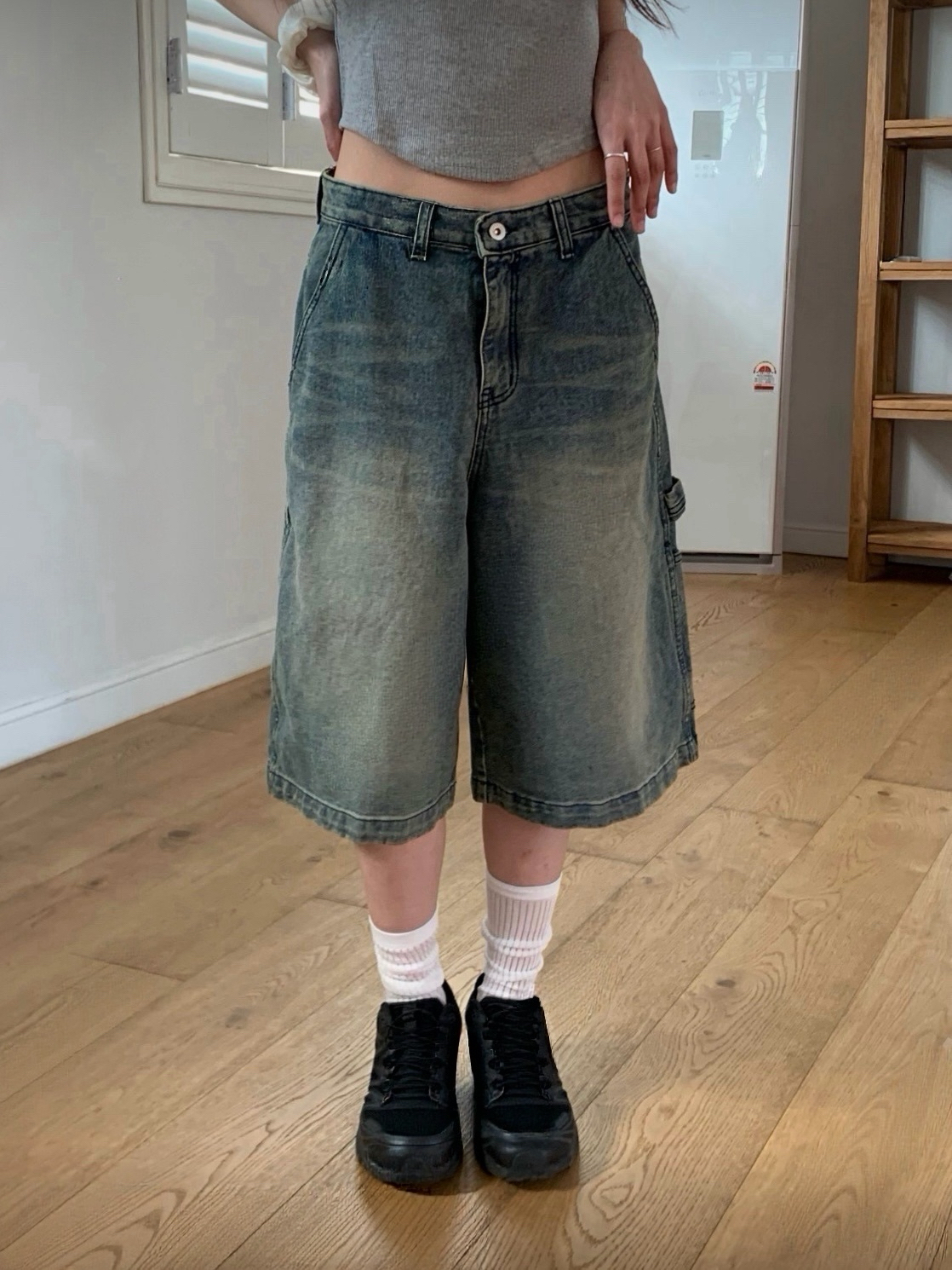 Washed Cargo Denim Bermuda Shorts