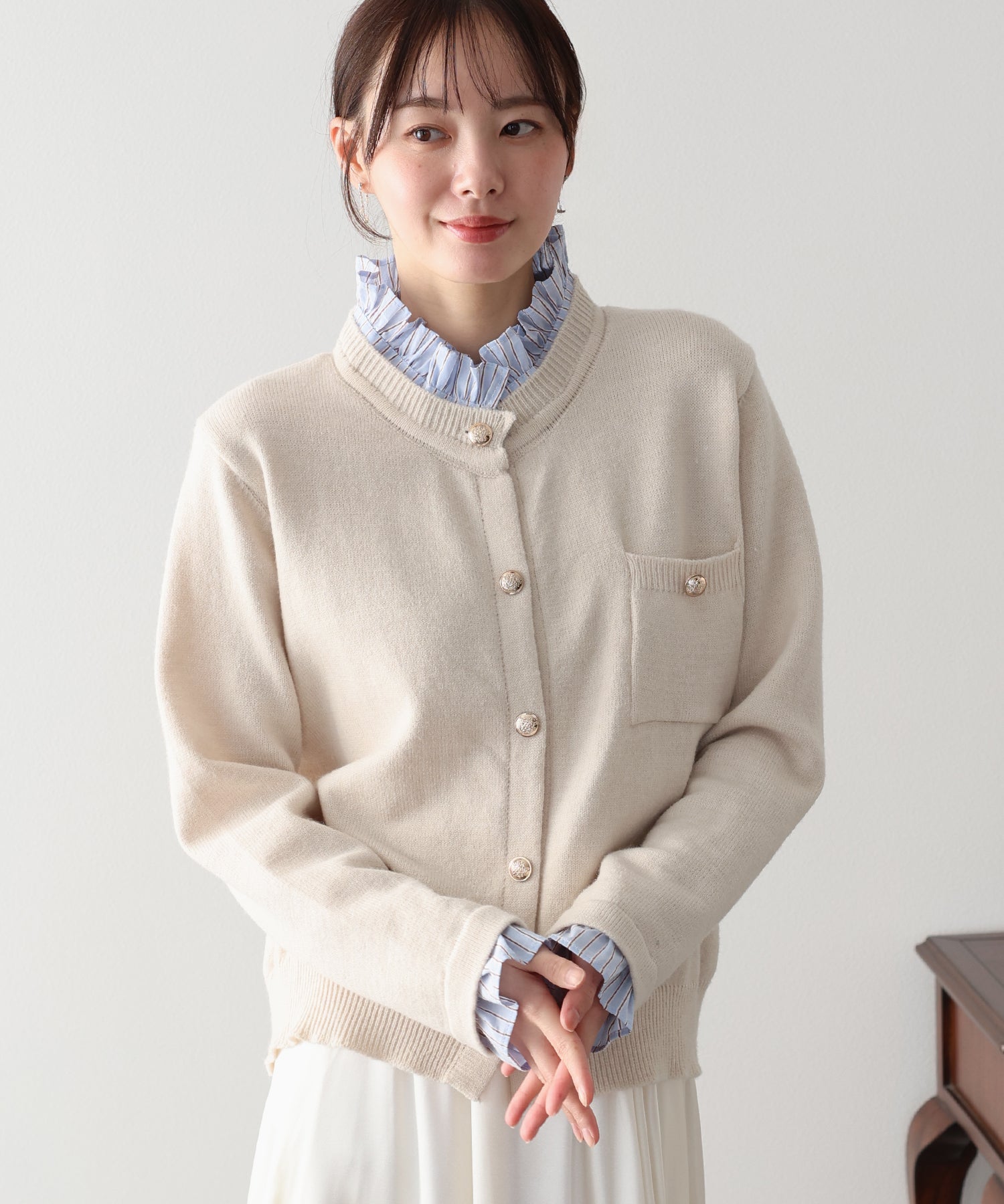 <現貨>新色加入💕<JP> 條紋褶邊shirt 拼金鈕cardigan (假兩件) * 5色入 