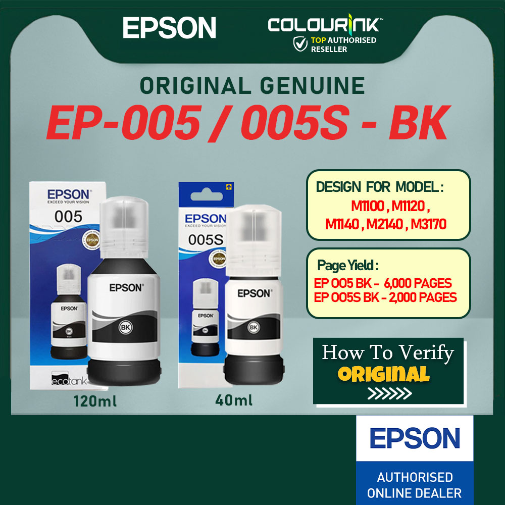 Epson Original Genuine 005s (2K) 005 (6K) Refill Ink Bottle Pigment Black EcoTank M1100 M1120 M1140 M2140 M3170