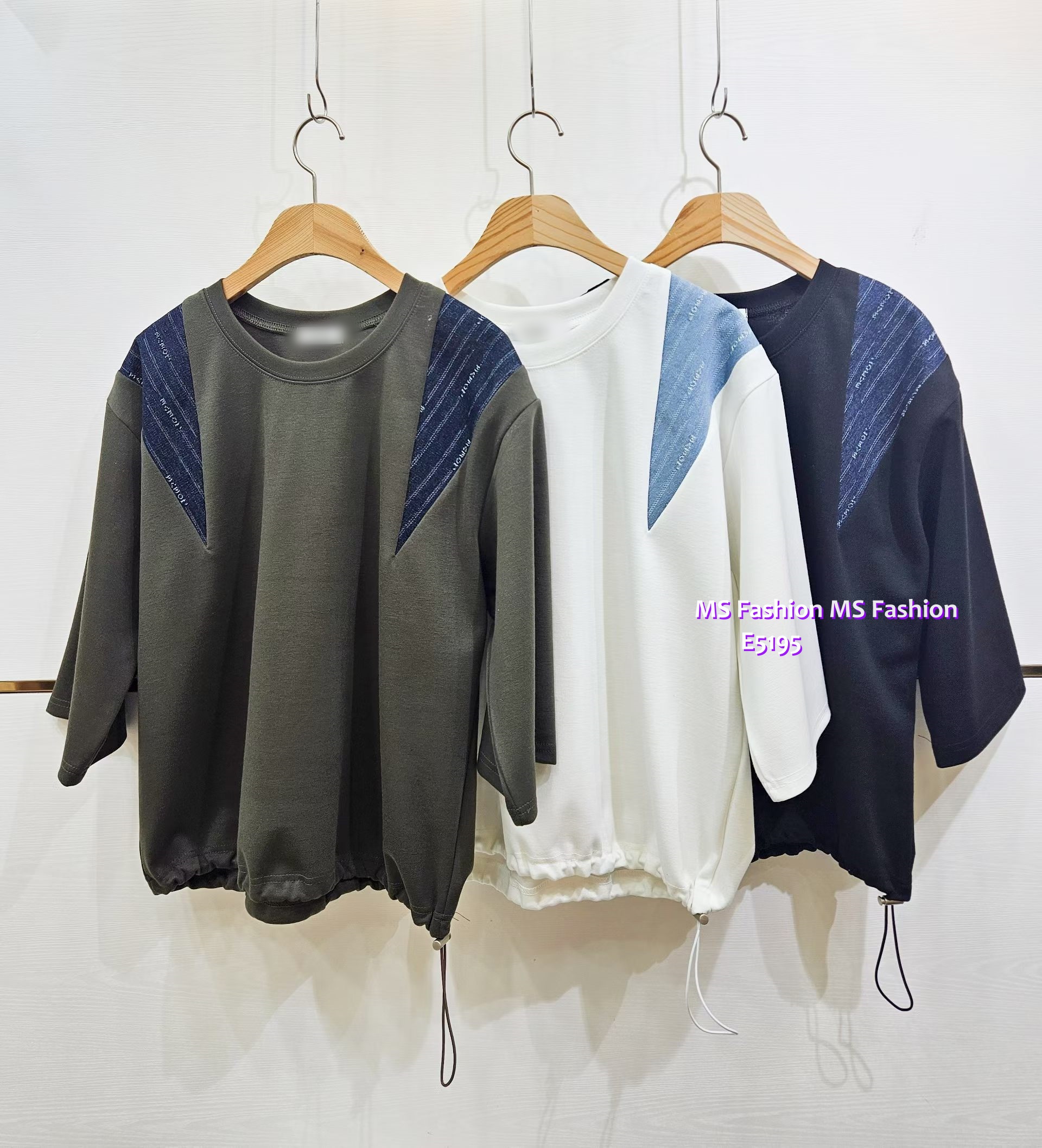 E5195 拼牛仔中袖top