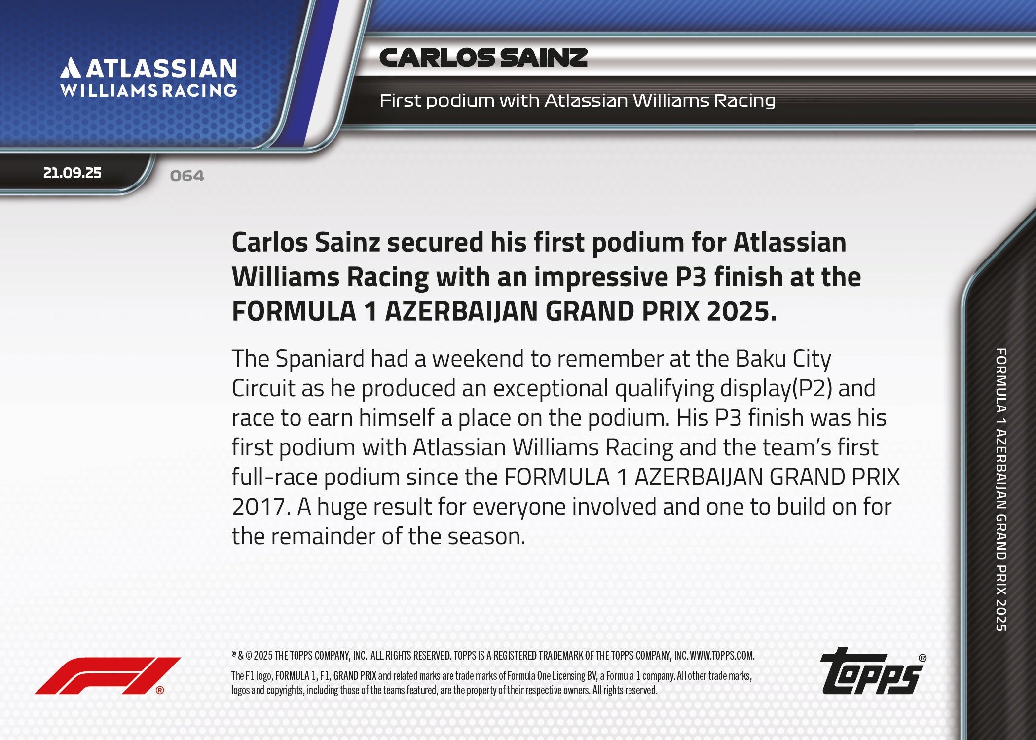Carlos Sainz - 2025 F1 Topps NOW® #64 Azerbaijan GP Williams首個頒獎台卡｜PR 2,896