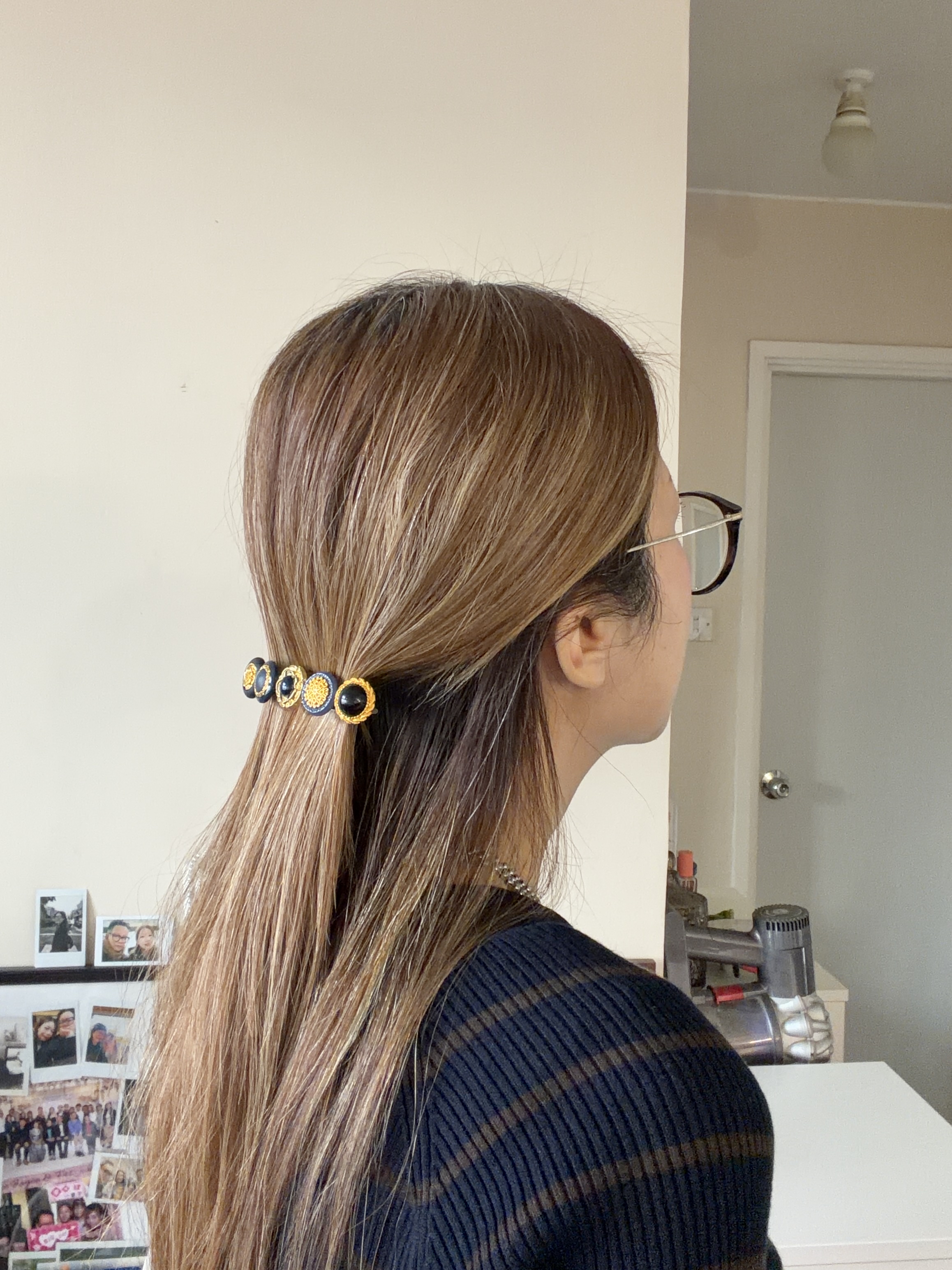 英倫風格藍黑色鈕扣髪夾/8cm長