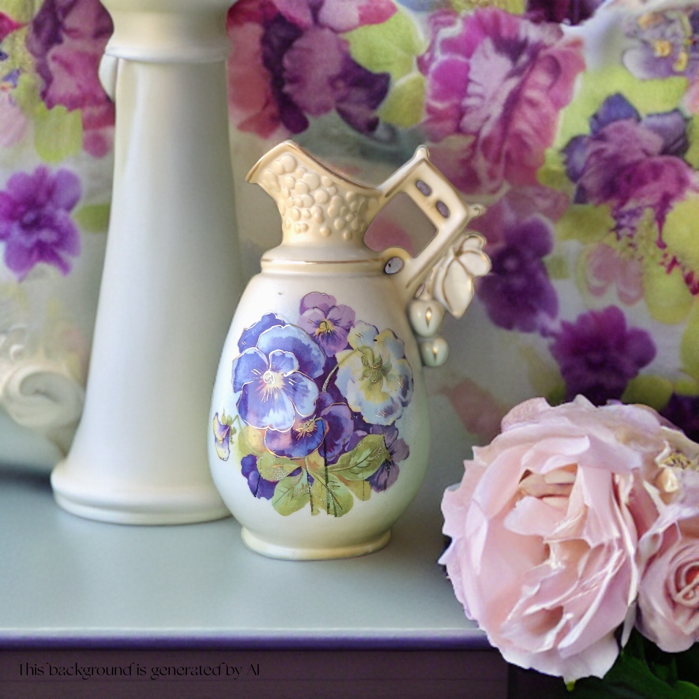 Early to Mid-century Made in Austria Sweet Violet Ceramic Water Jug/Plant Watering Pitcher (MT1662)